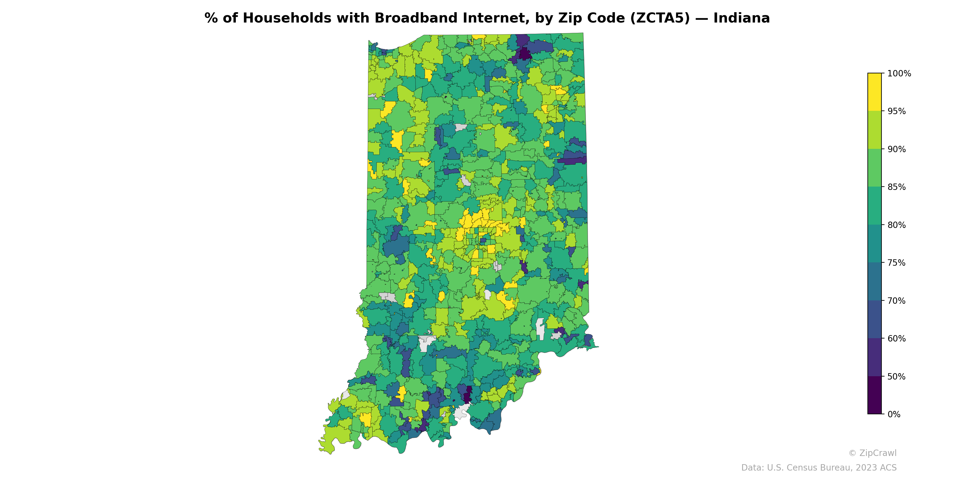 % of Households with Broadband Internet, by Zip Code (ZCTA5) — Indiana