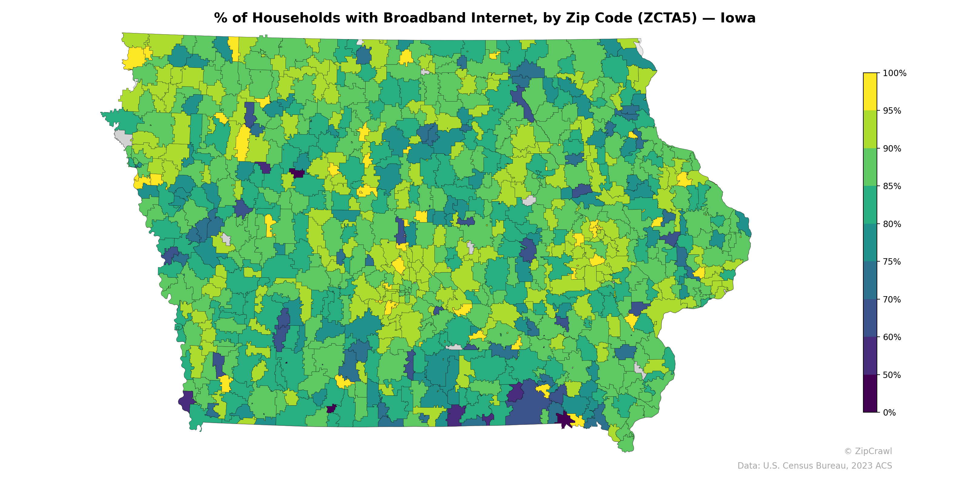 % of Households with Broadband Internet, by Zip Code (ZCTA5) — Iowa