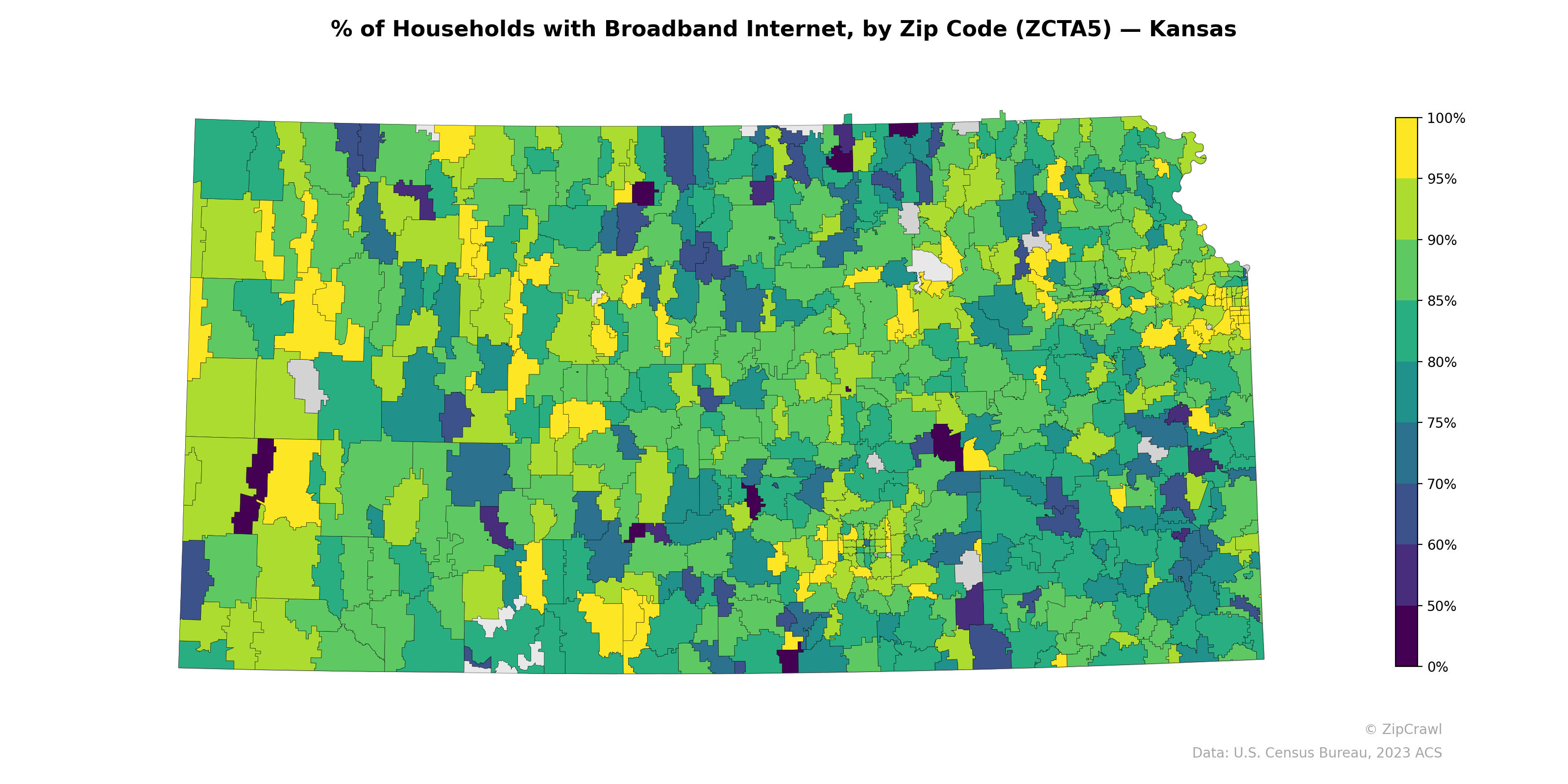 % of Households with Broadband Internet, by Zip Code (ZCTA5) — Kansas
