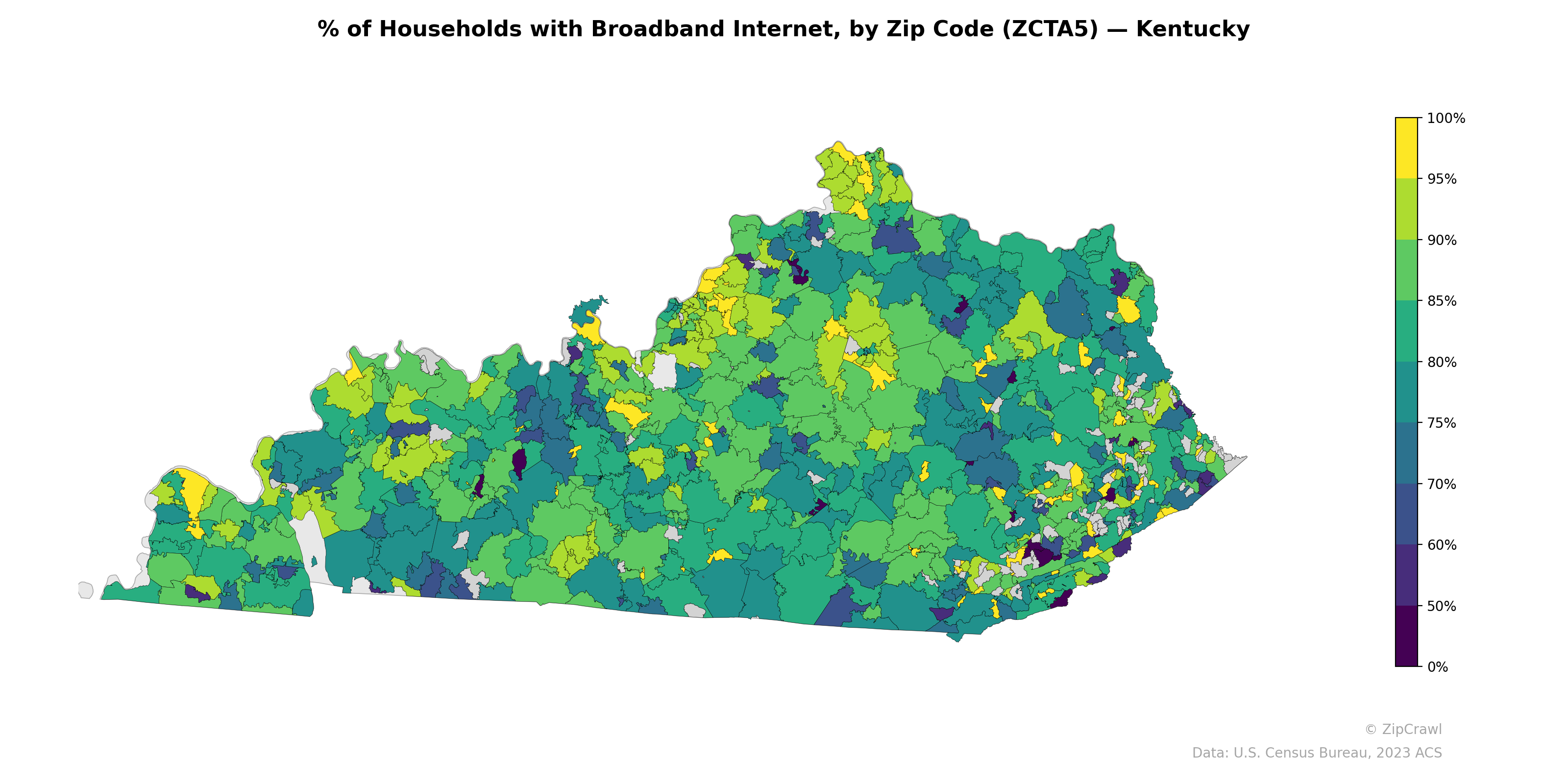 % of Households with Broadband Internet, by Zip Code (ZCTA5) — Kentucky