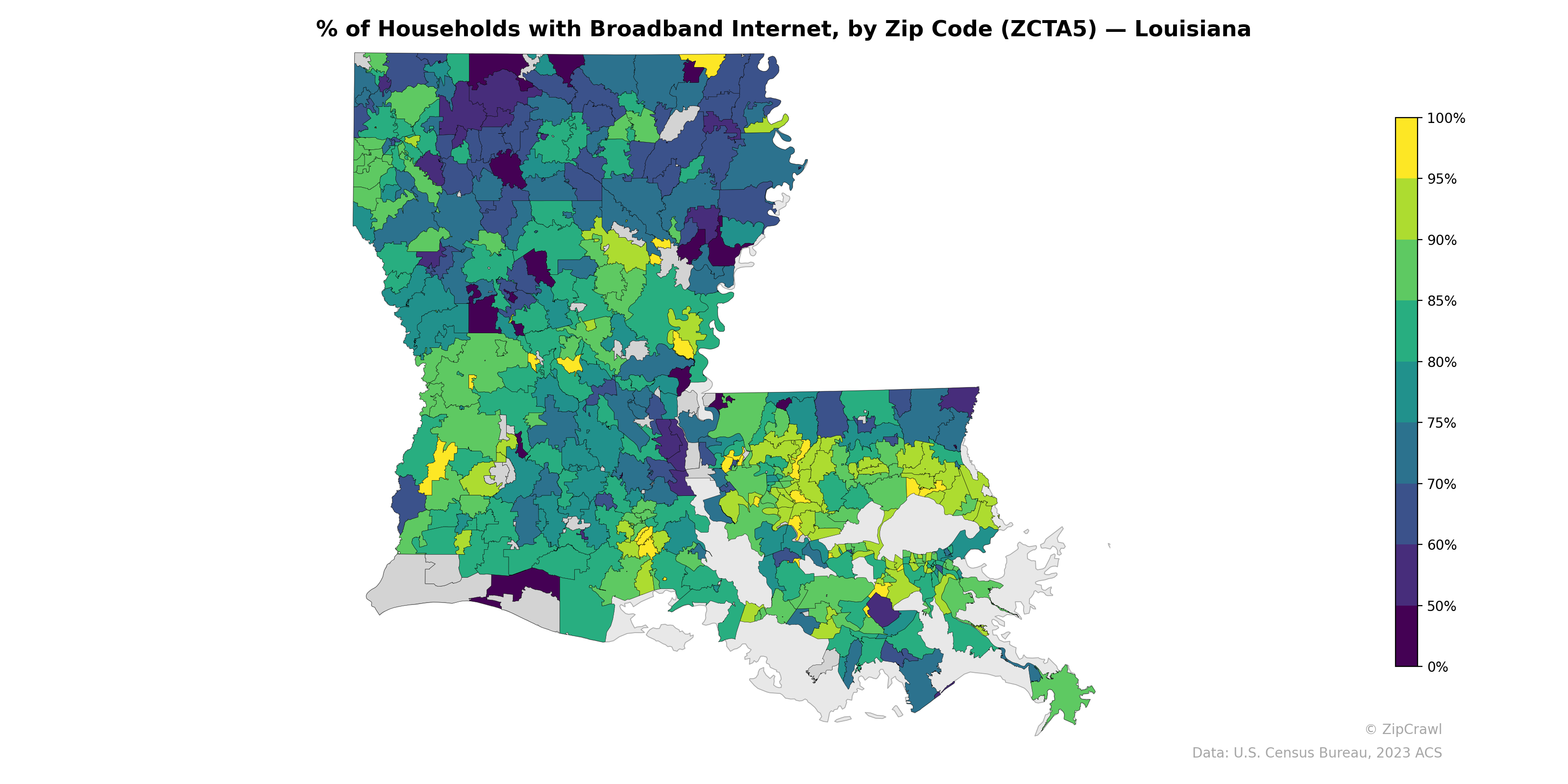 % of Households with Broadband Internet, by Zip Code (ZCTA5) — Louisiana