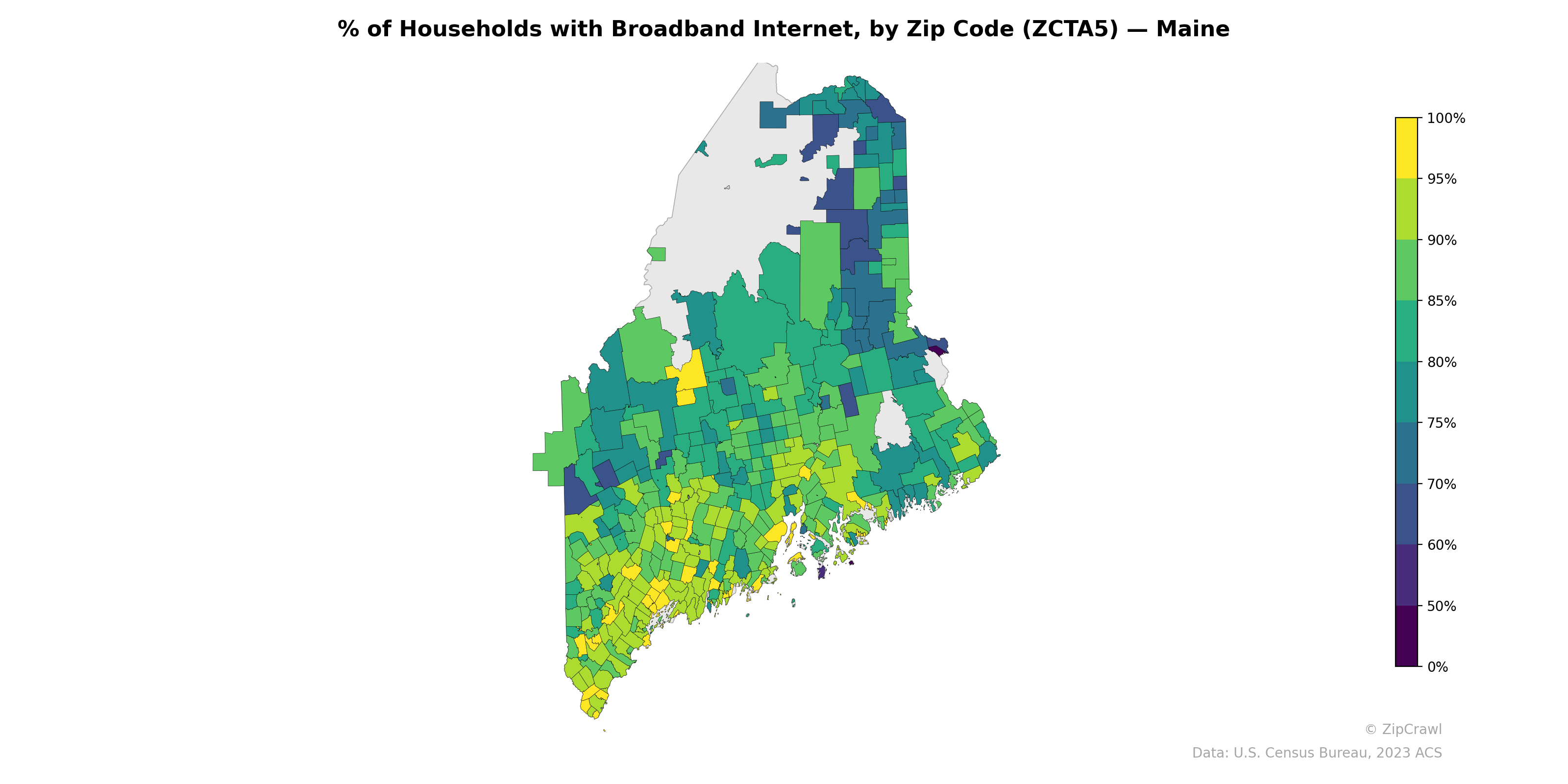 % of Households with Broadband Internet, by Zip Code (ZCTA5) — Maine