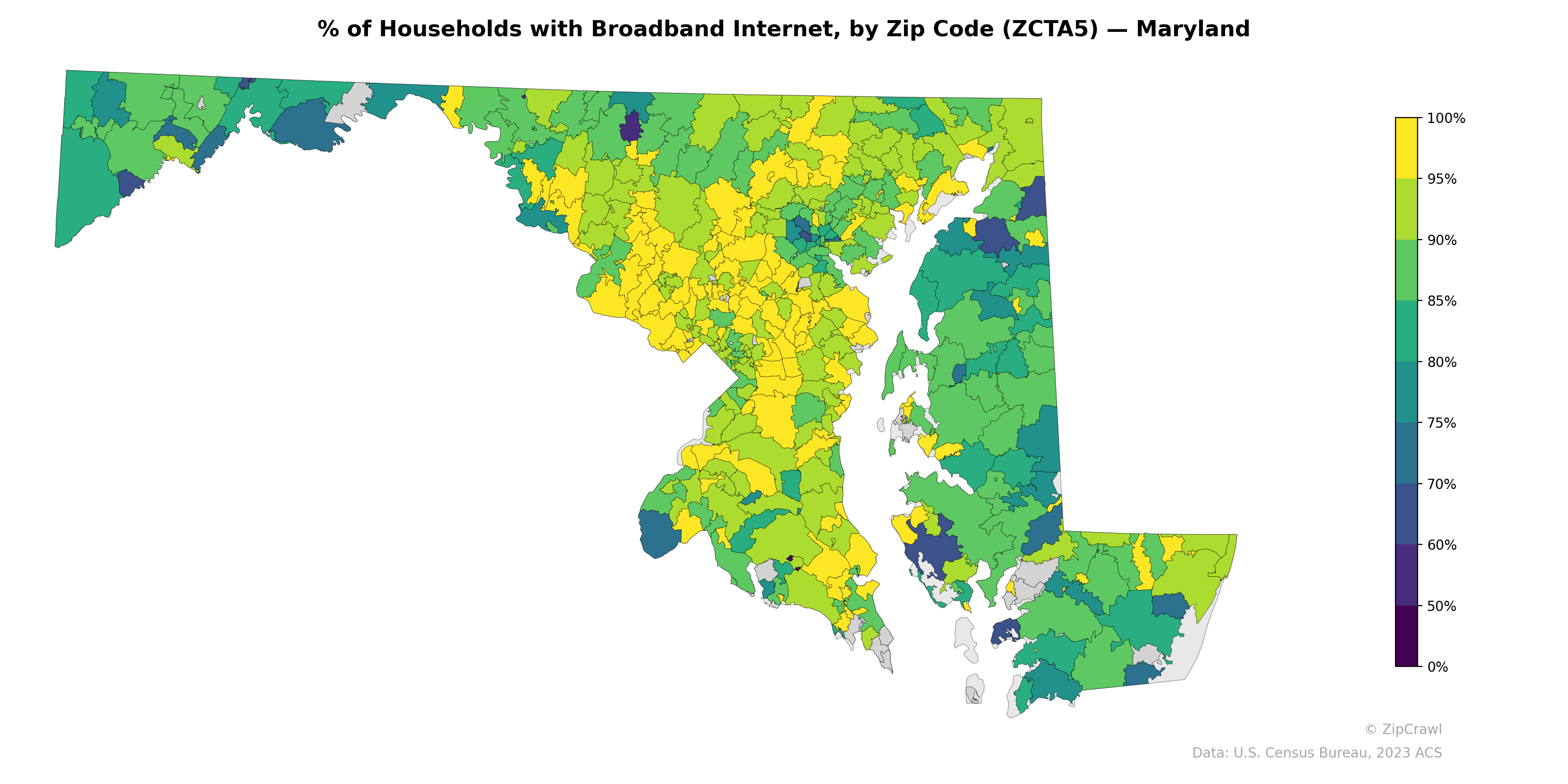 % of Households with Broadband Internet, by Zip Code (ZCTA5) — Maryland