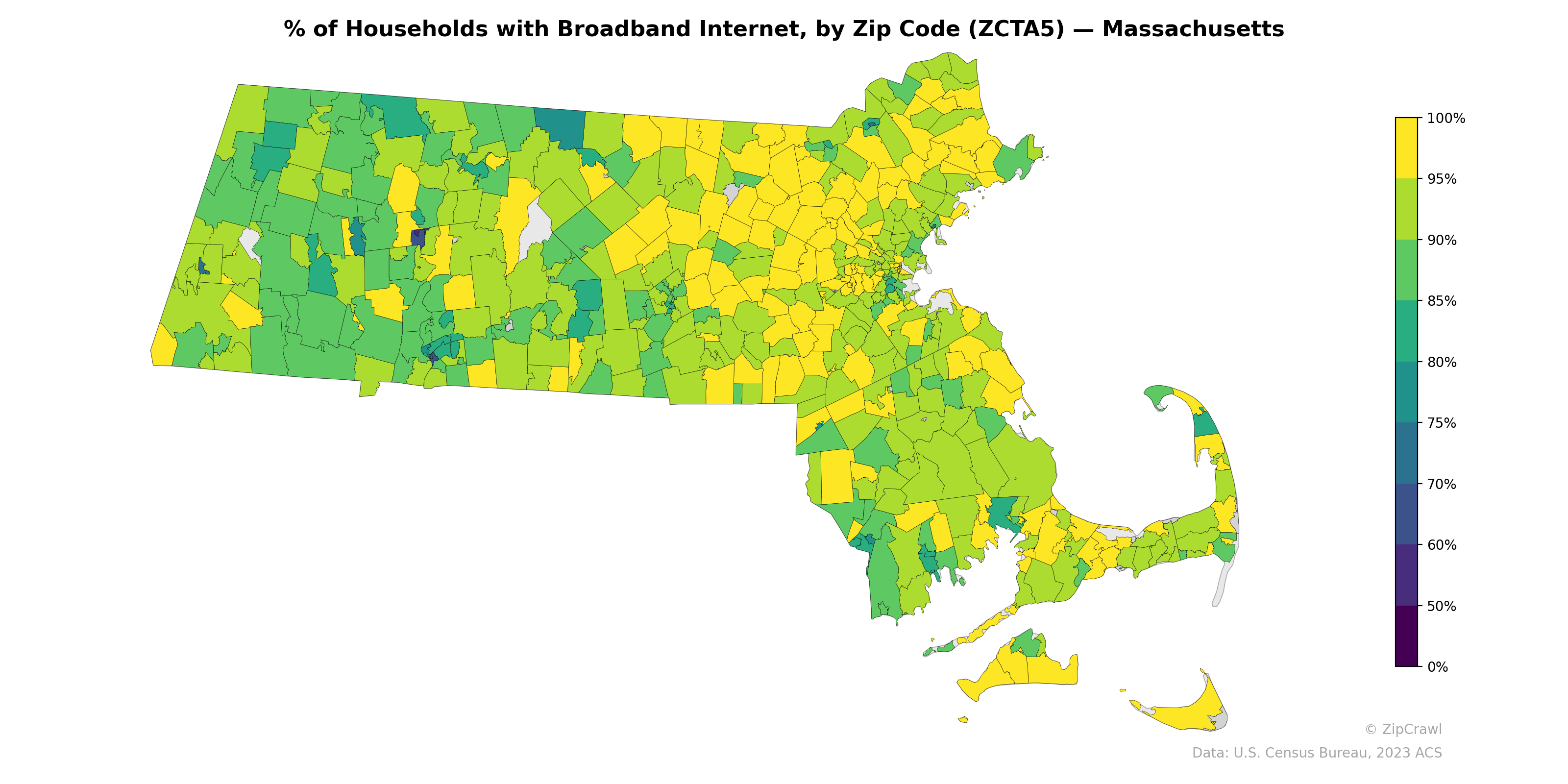% of Households with Broadband Internet, by Zip Code (ZCTA5) — Massachusetts