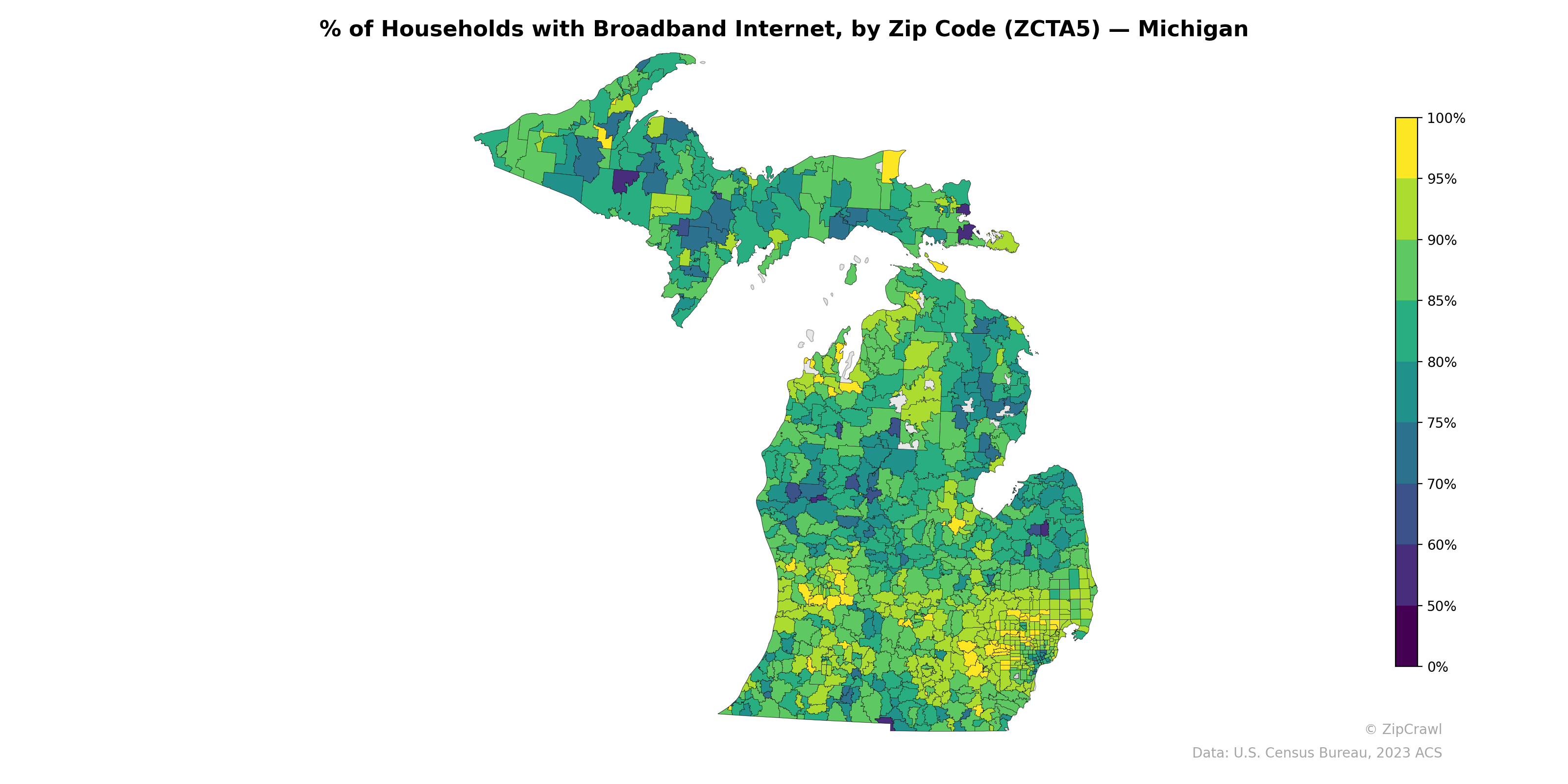 % of Households with Broadband Internet, by Zip Code (ZCTA5) — Michigan