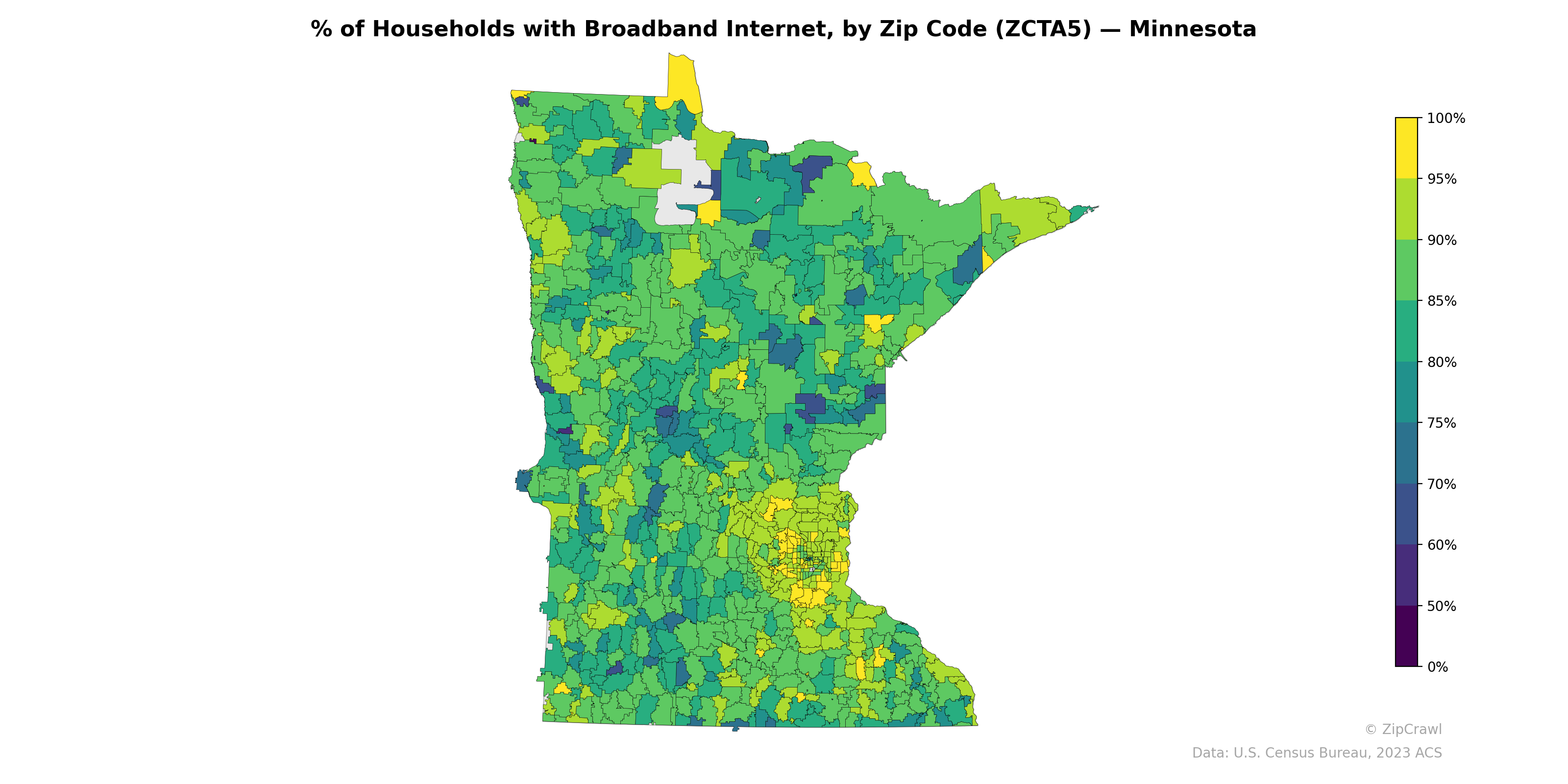 % of Households with Broadband Internet, by Zip Code (ZCTA5) — Minnesota