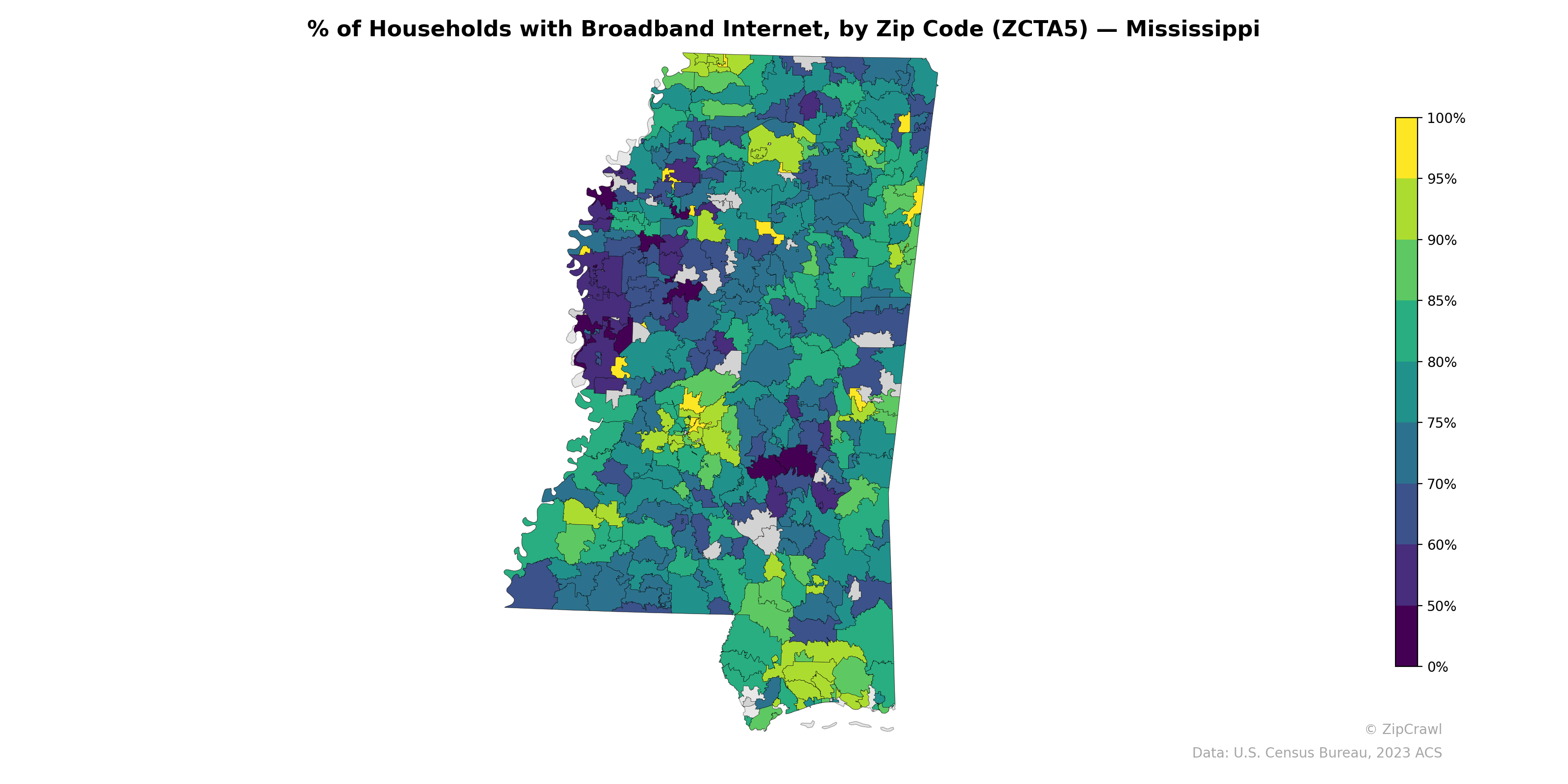 % of Households with Broadband Internet, by Zip Code (ZCTA5) — Mississippi