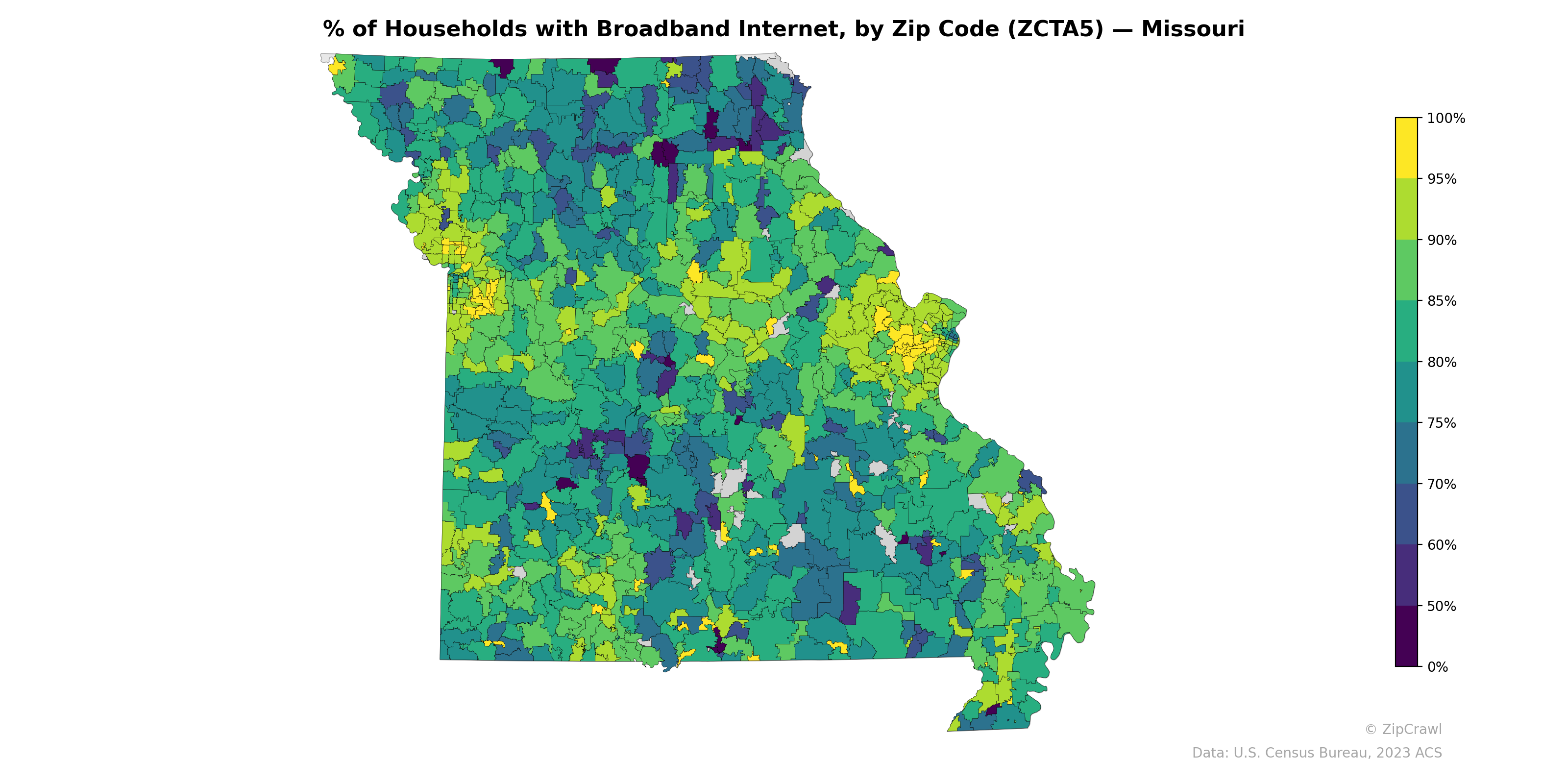 % of Households with Broadband Internet, by Zip Code (ZCTA5) — Missouri
