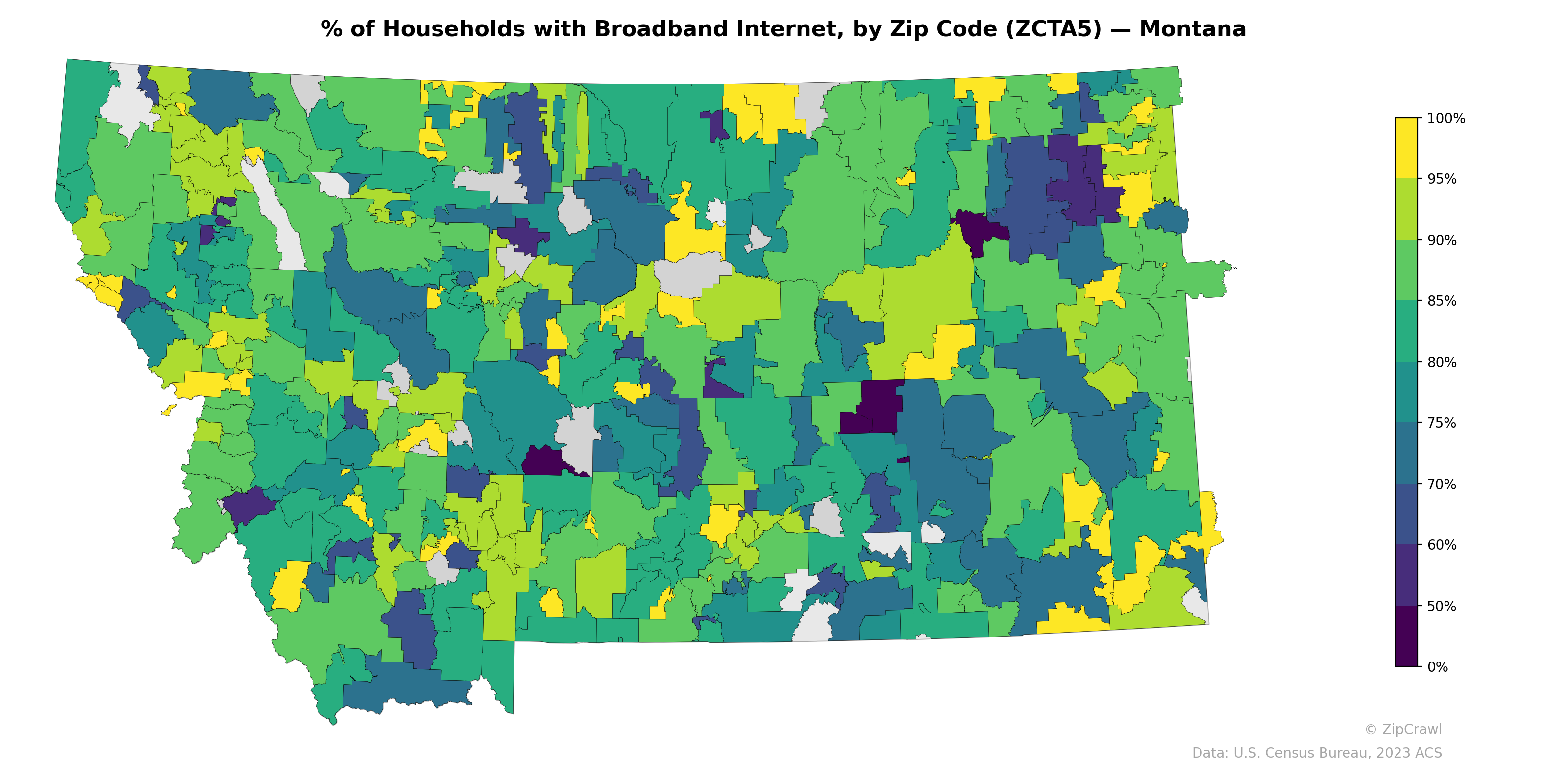 % of Households with Broadband Internet, by Zip Code (ZCTA5) — Montana