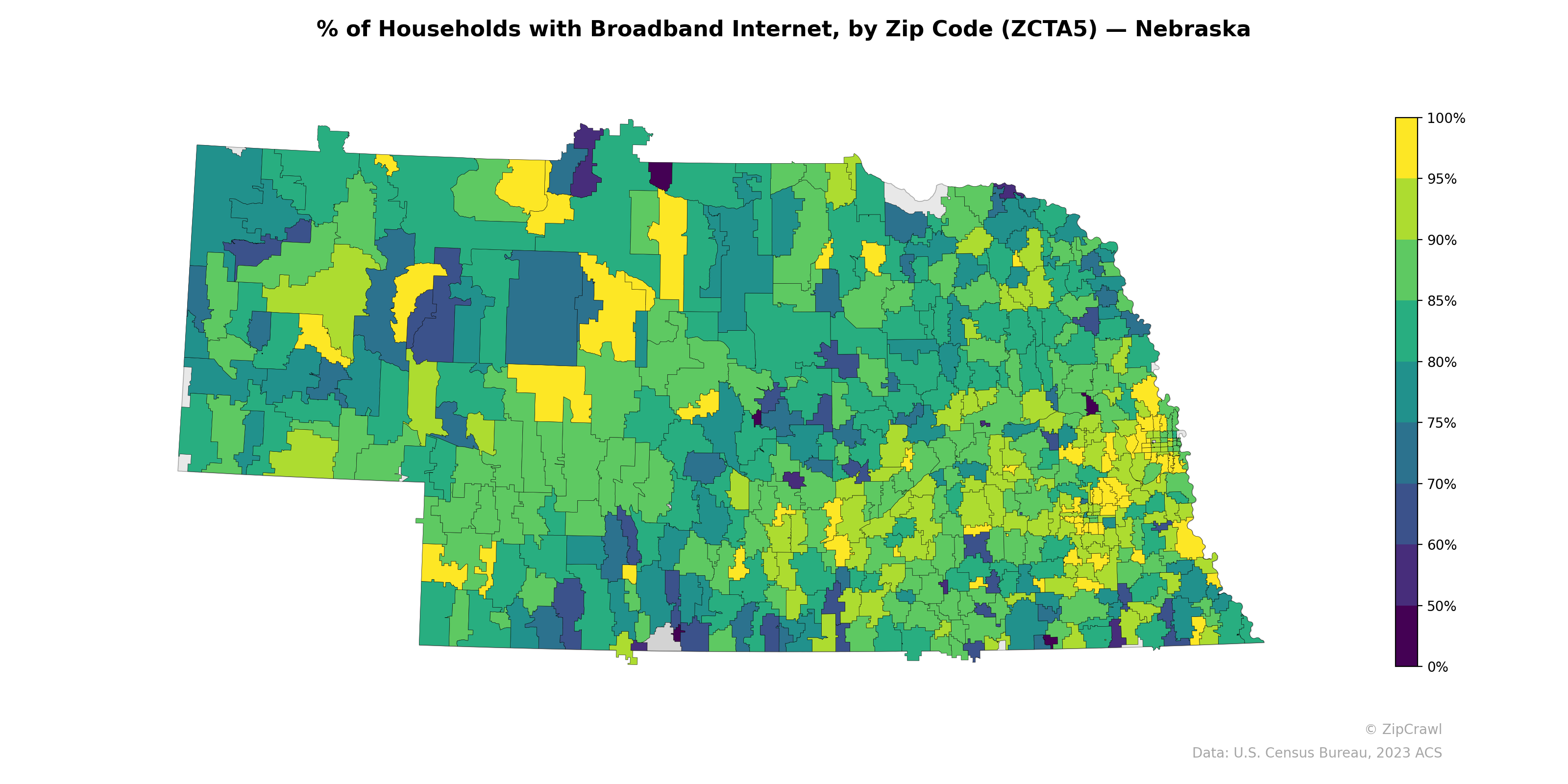 % of Households with Broadband Internet, by Zip Code (ZCTA5) — Nebraska