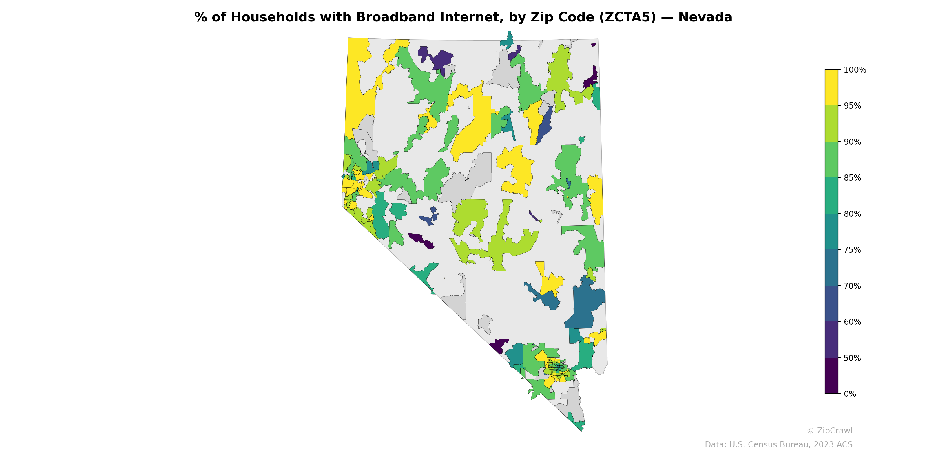 % of Households with Broadband Internet, by Zip Code (ZCTA5) — Nevada