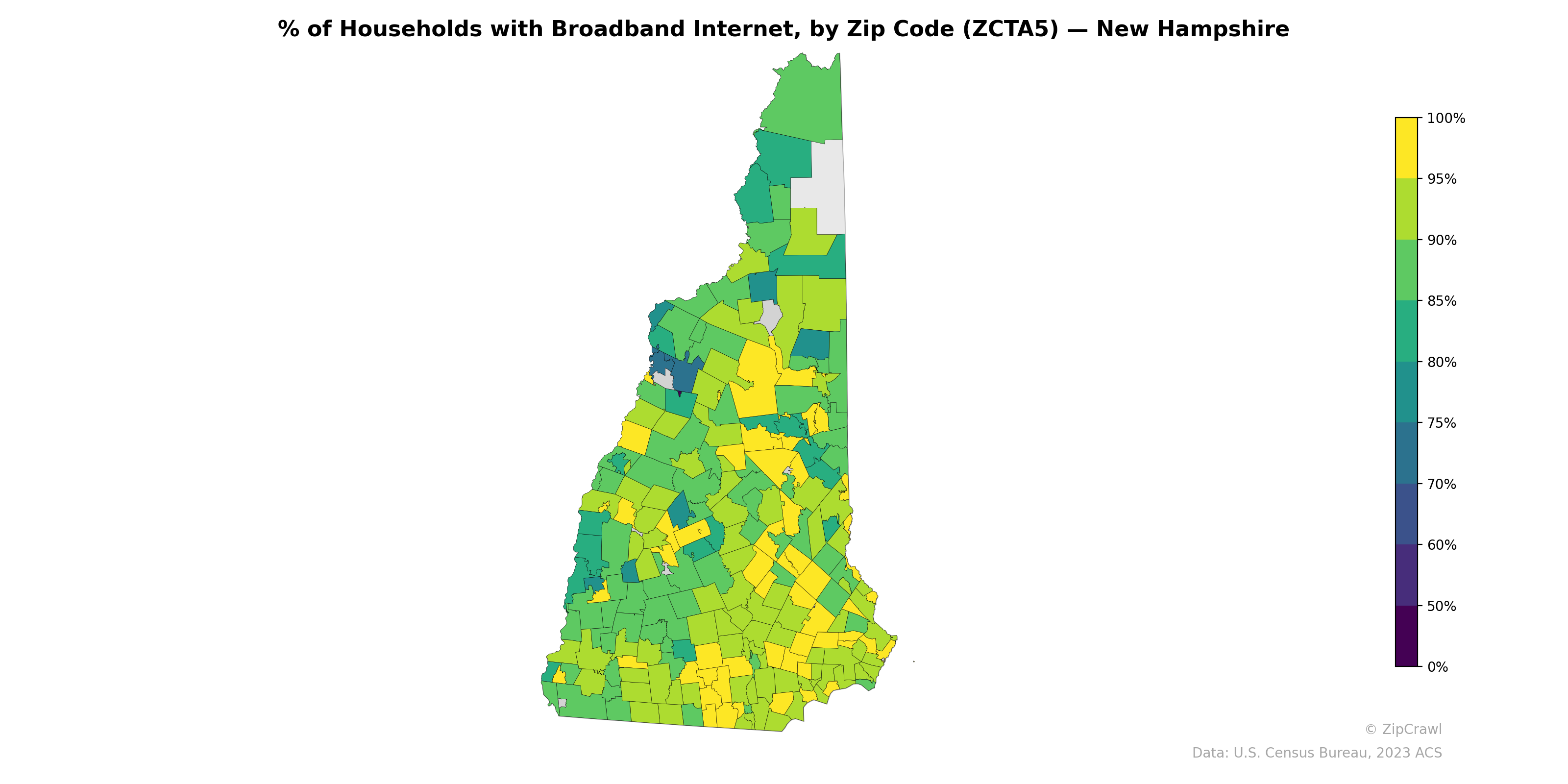 % of Households with Broadband Internet, by Zip Code (ZCTA5) — New Hampshire