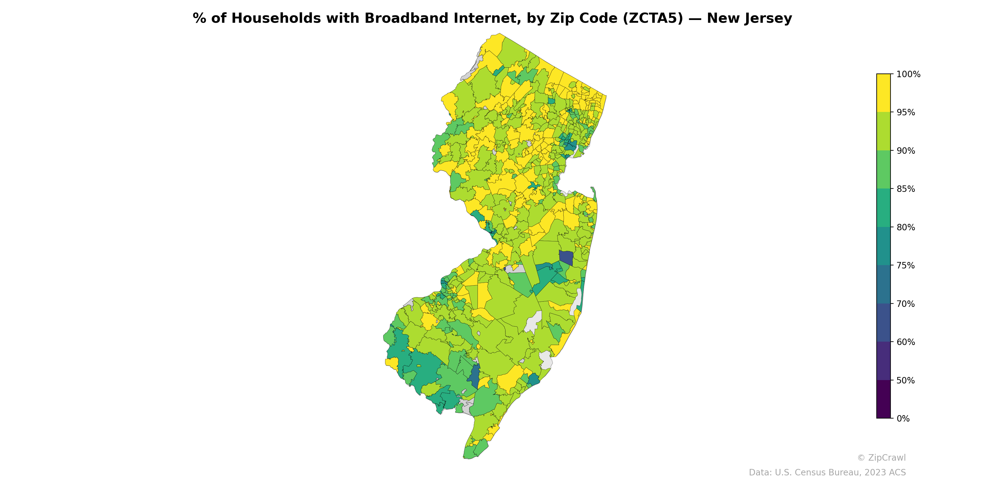 % of Households with Broadband Internet, by Zip Code (ZCTA5) — New Jersey