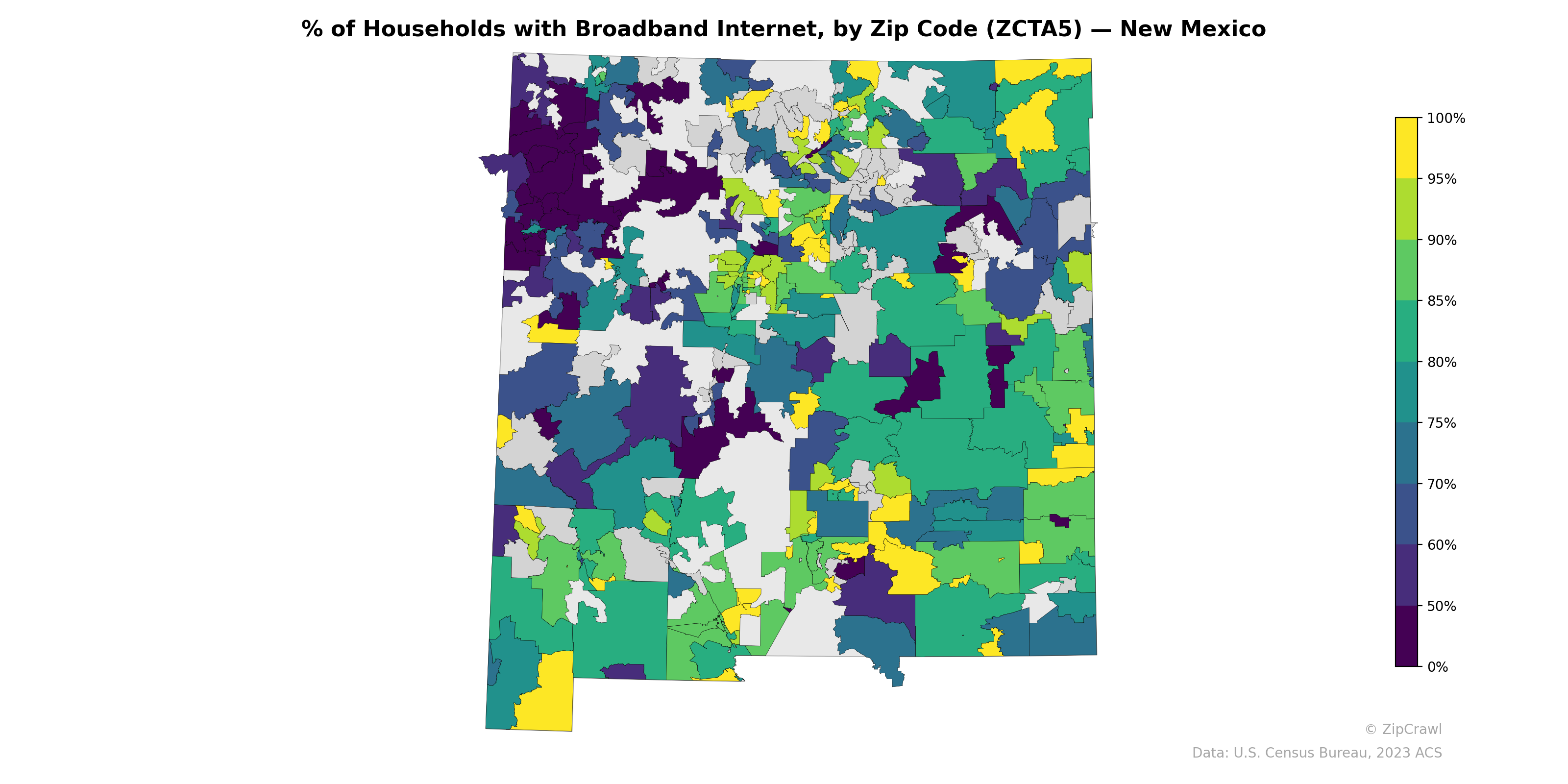 % of Households with Broadband Internet, by Zip Code (ZCTA5) — New Mexico