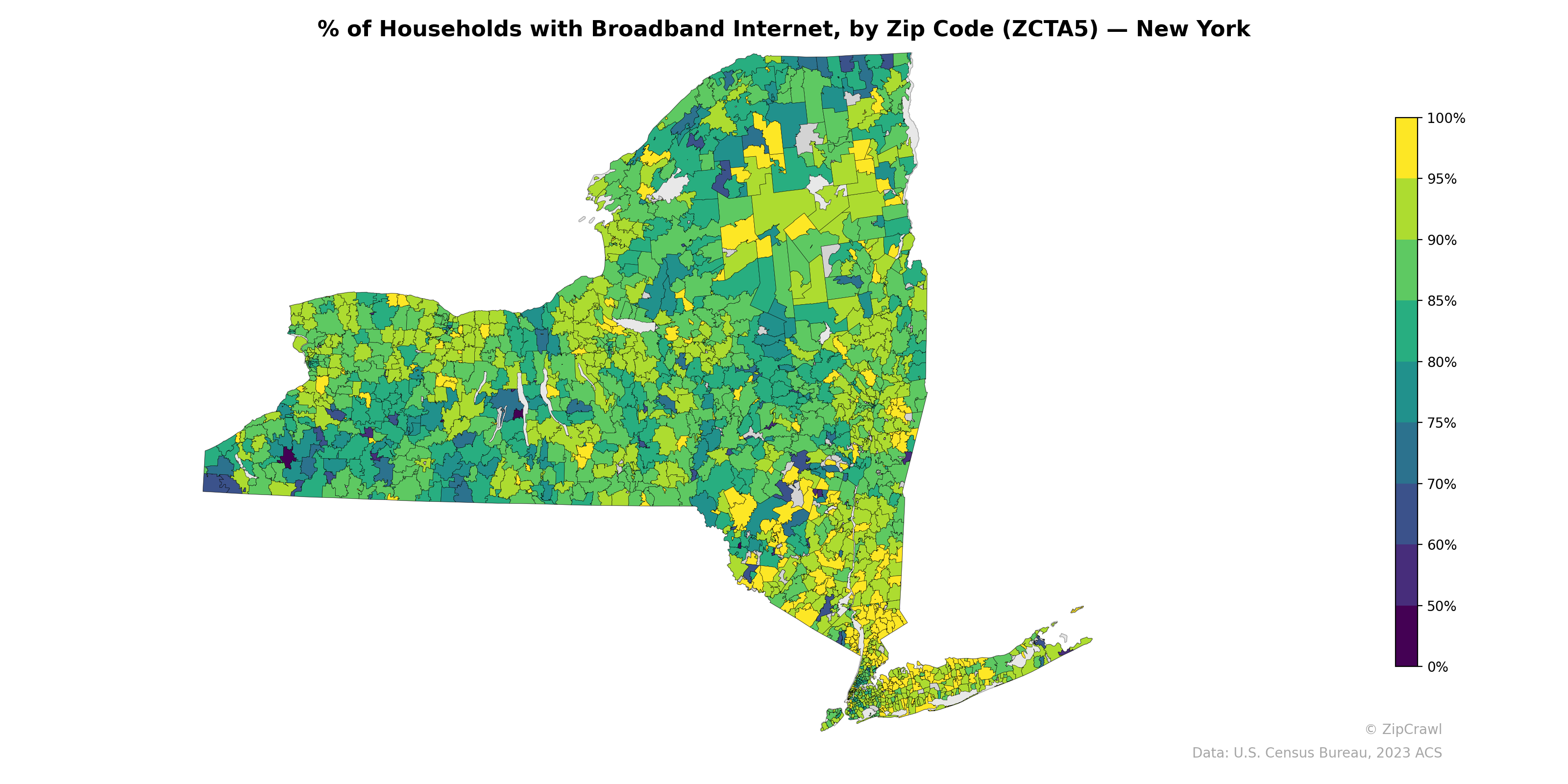 % of Households with Broadband Internet, by Zip Code (ZCTA5) — New York