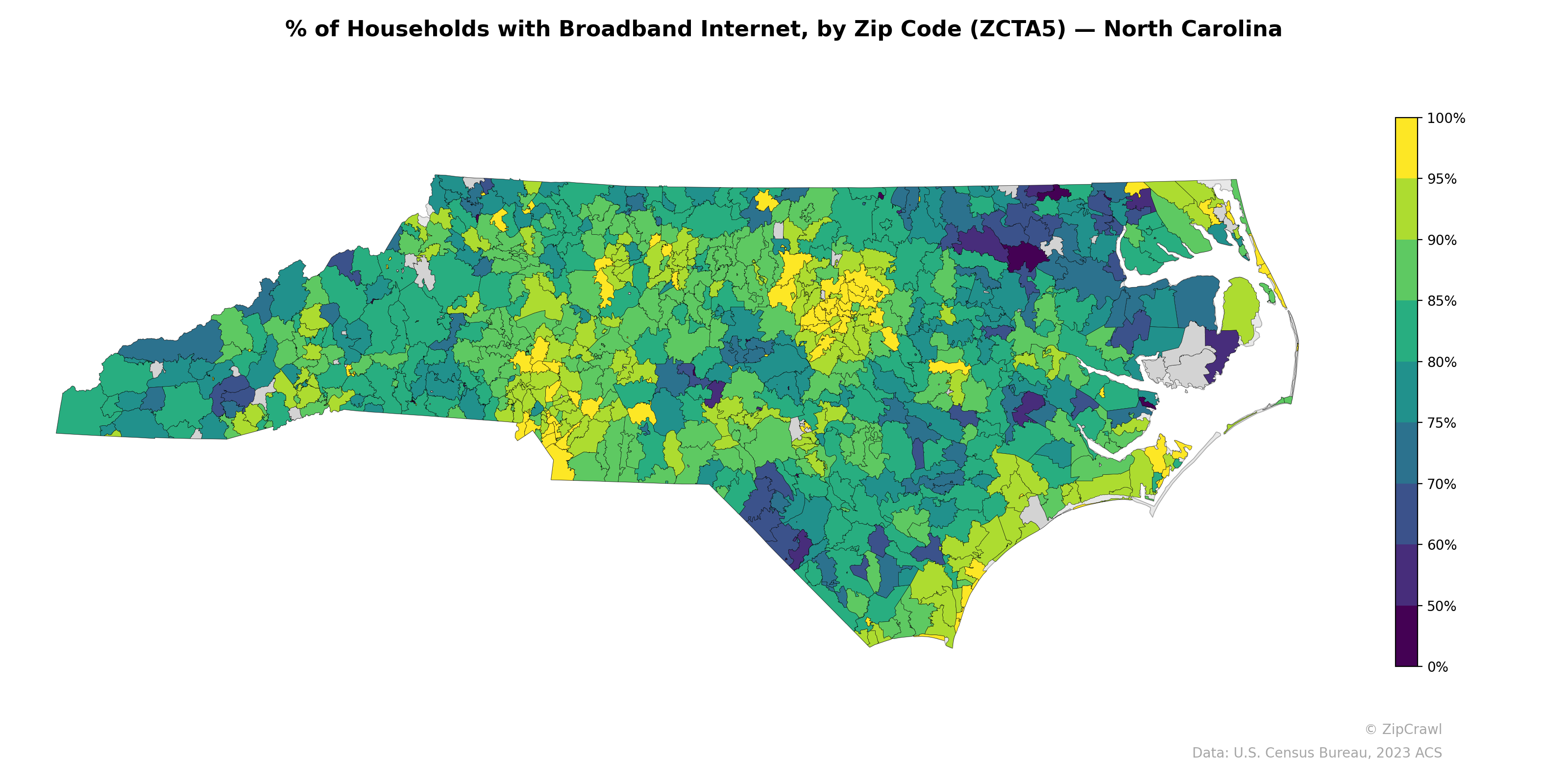 % of Households with Broadband Internet, by Zip Code (ZCTA5) — North Carolina
