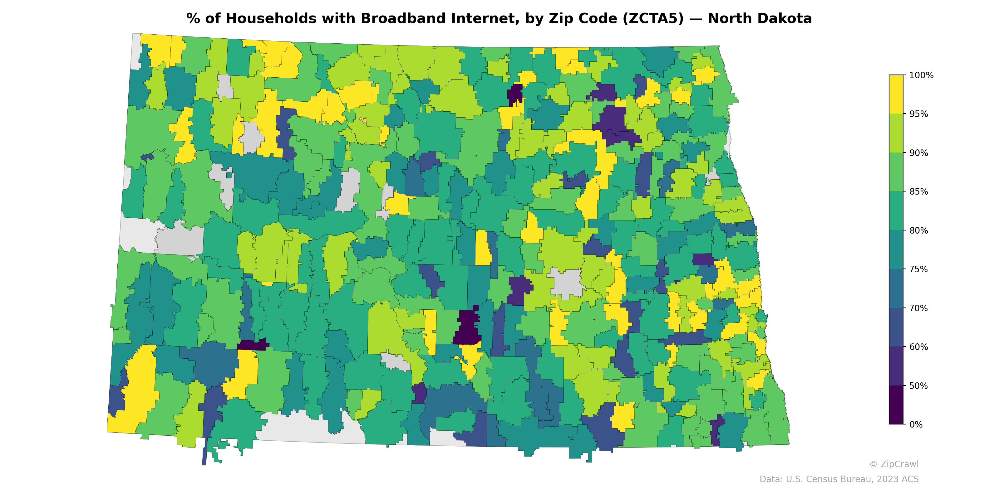 % of Households with Broadband Internet, by Zip Code (ZCTA5) — North Dakota