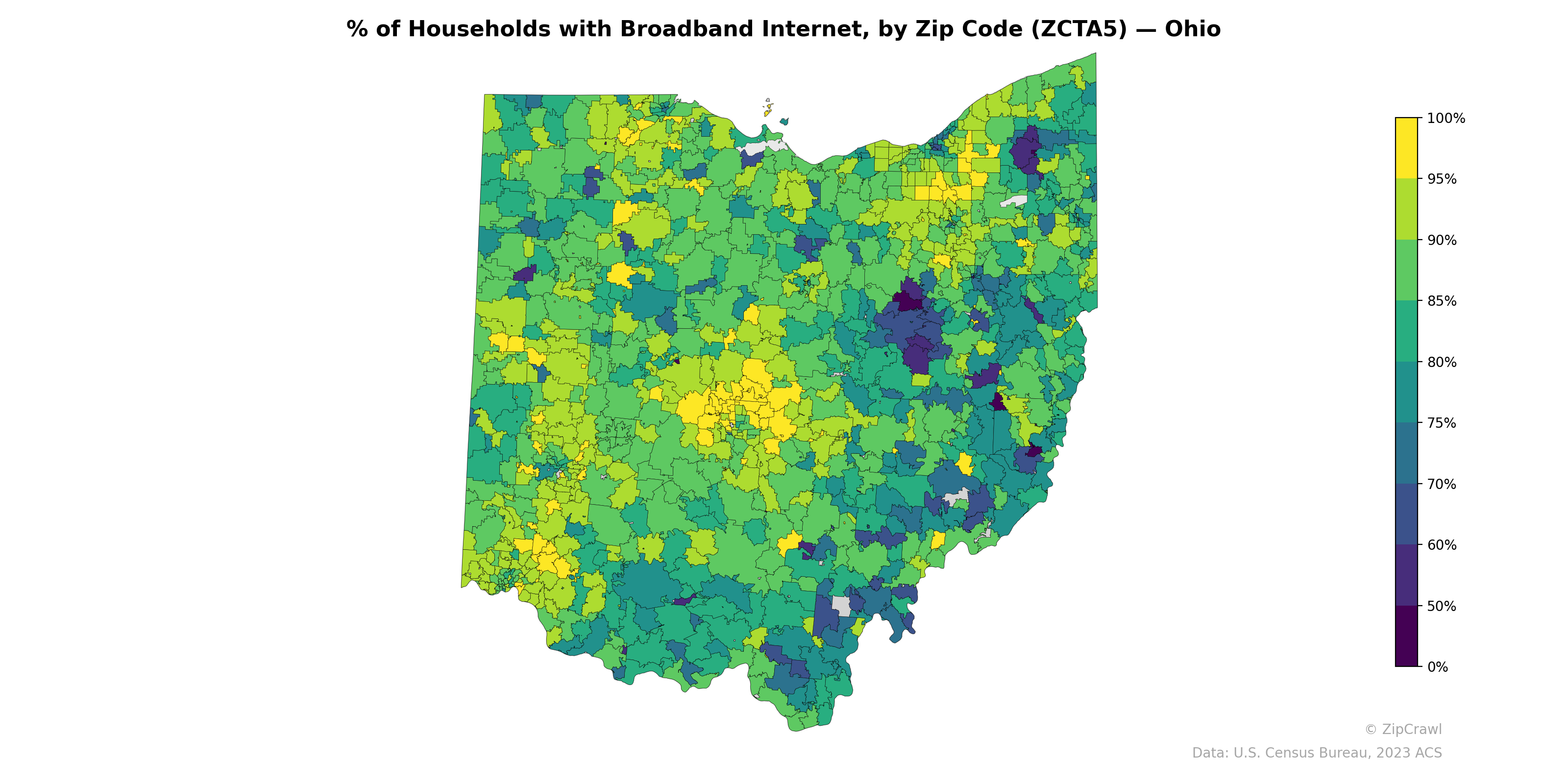 % of Households with Broadband Internet, by Zip Code (ZCTA5) — Ohio