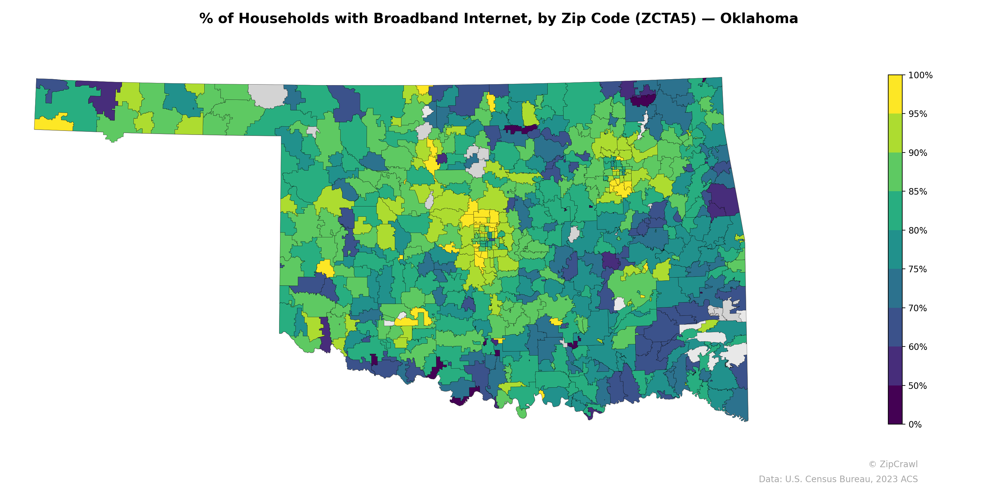 % of Households with Broadband Internet, by Zip Code (ZCTA5) — Oklahoma