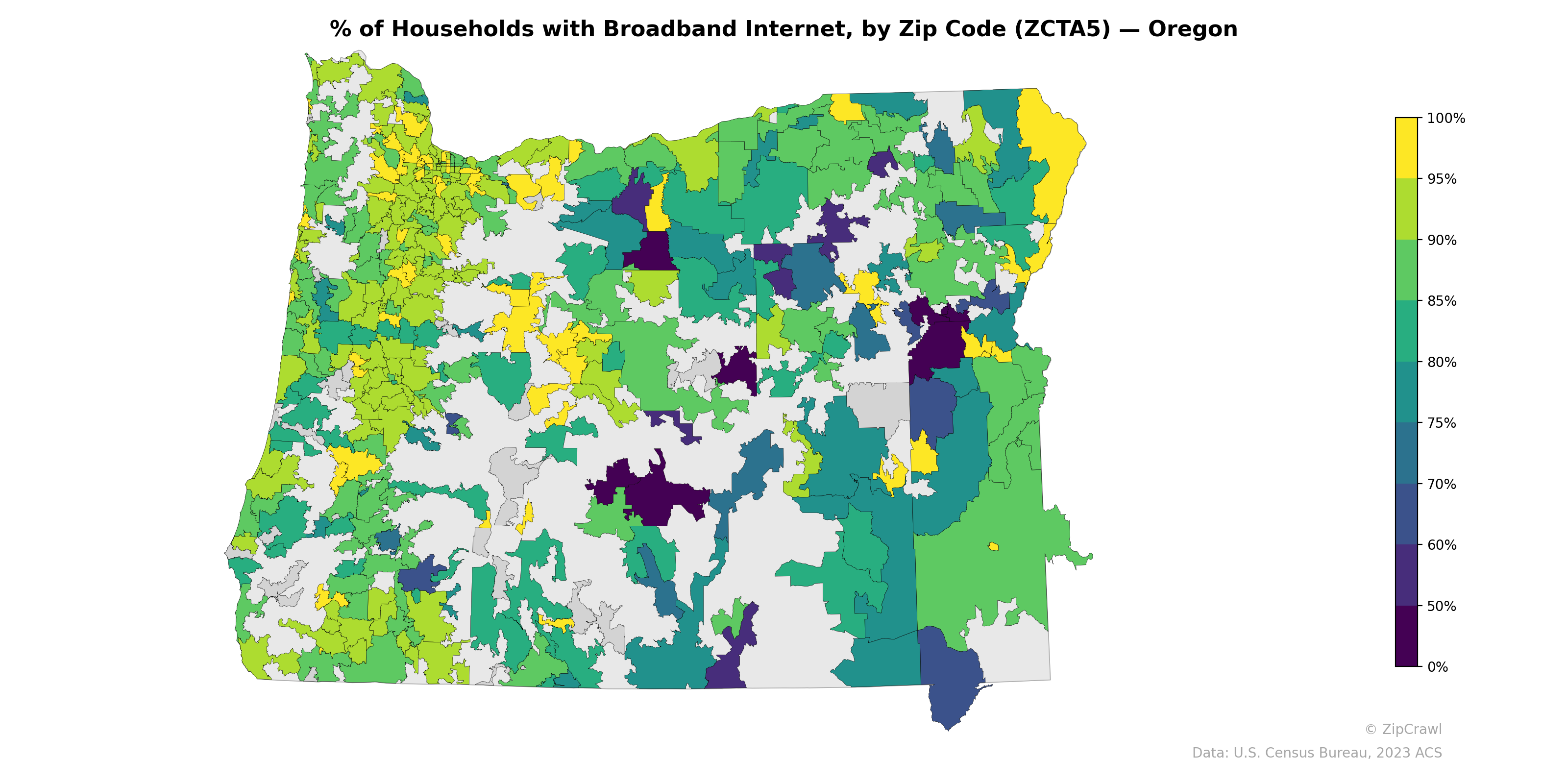 % of Households with Broadband Internet, by Zip Code (ZCTA5) — Oregon