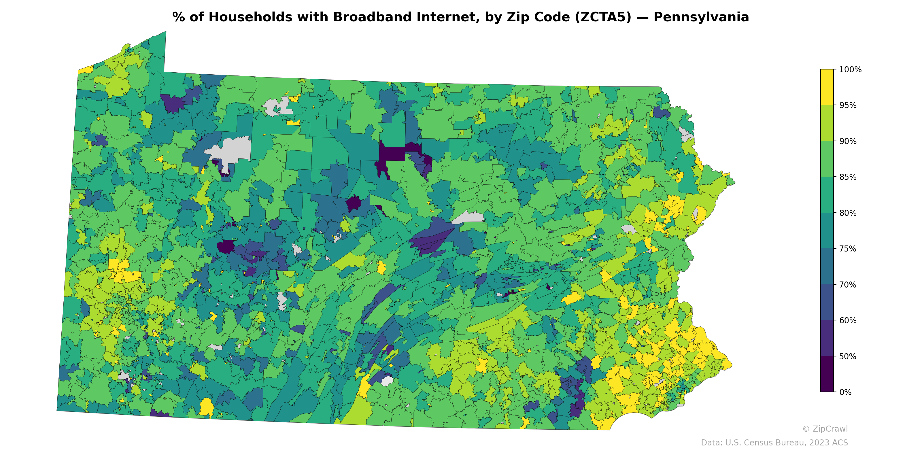 % of Households with Broadband Internet, by Zip Code (ZCTA5) — Pennsylvania