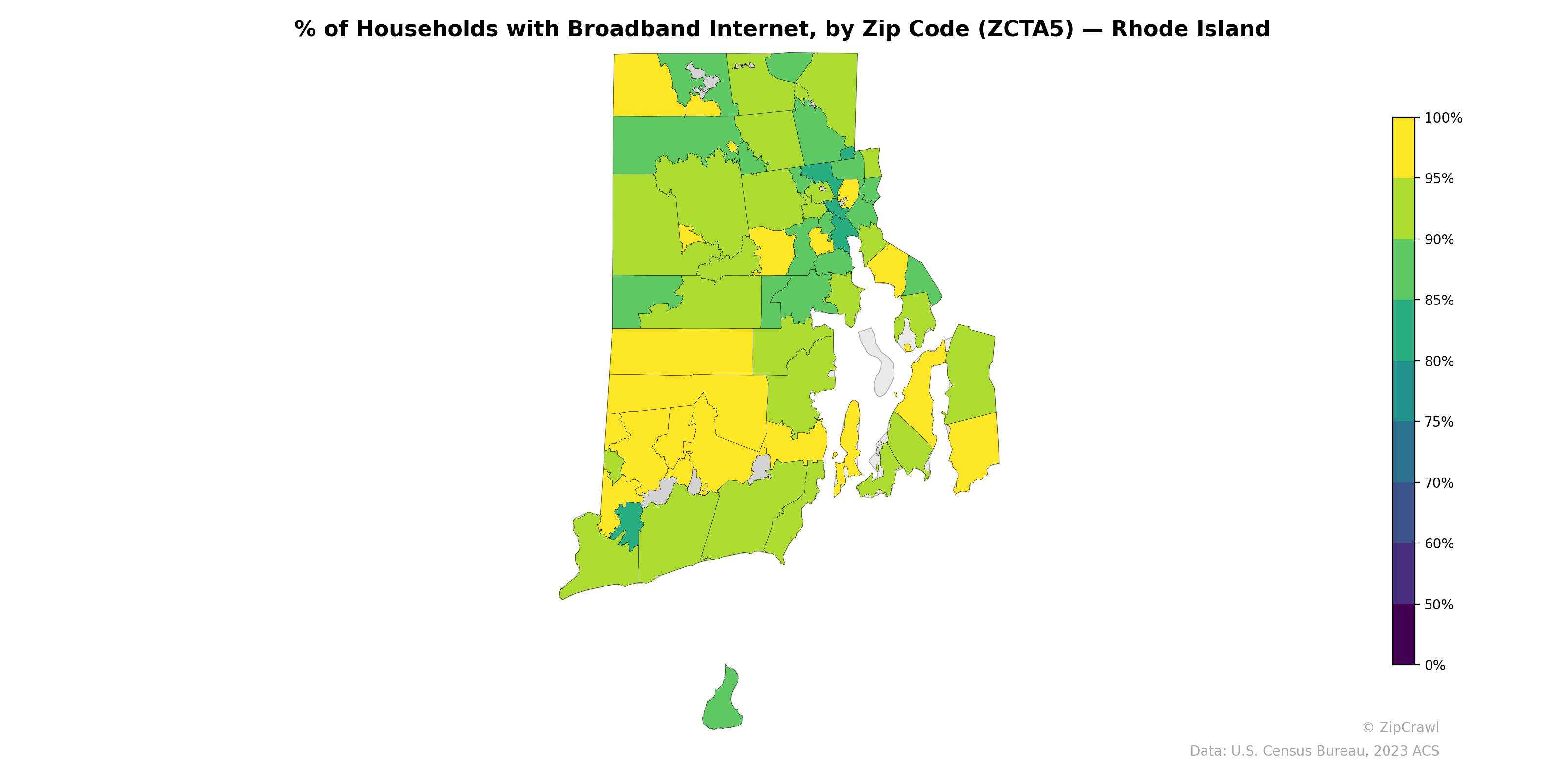 % of Households with Broadband Internet, by Zip Code (ZCTA5) — Rhode Island