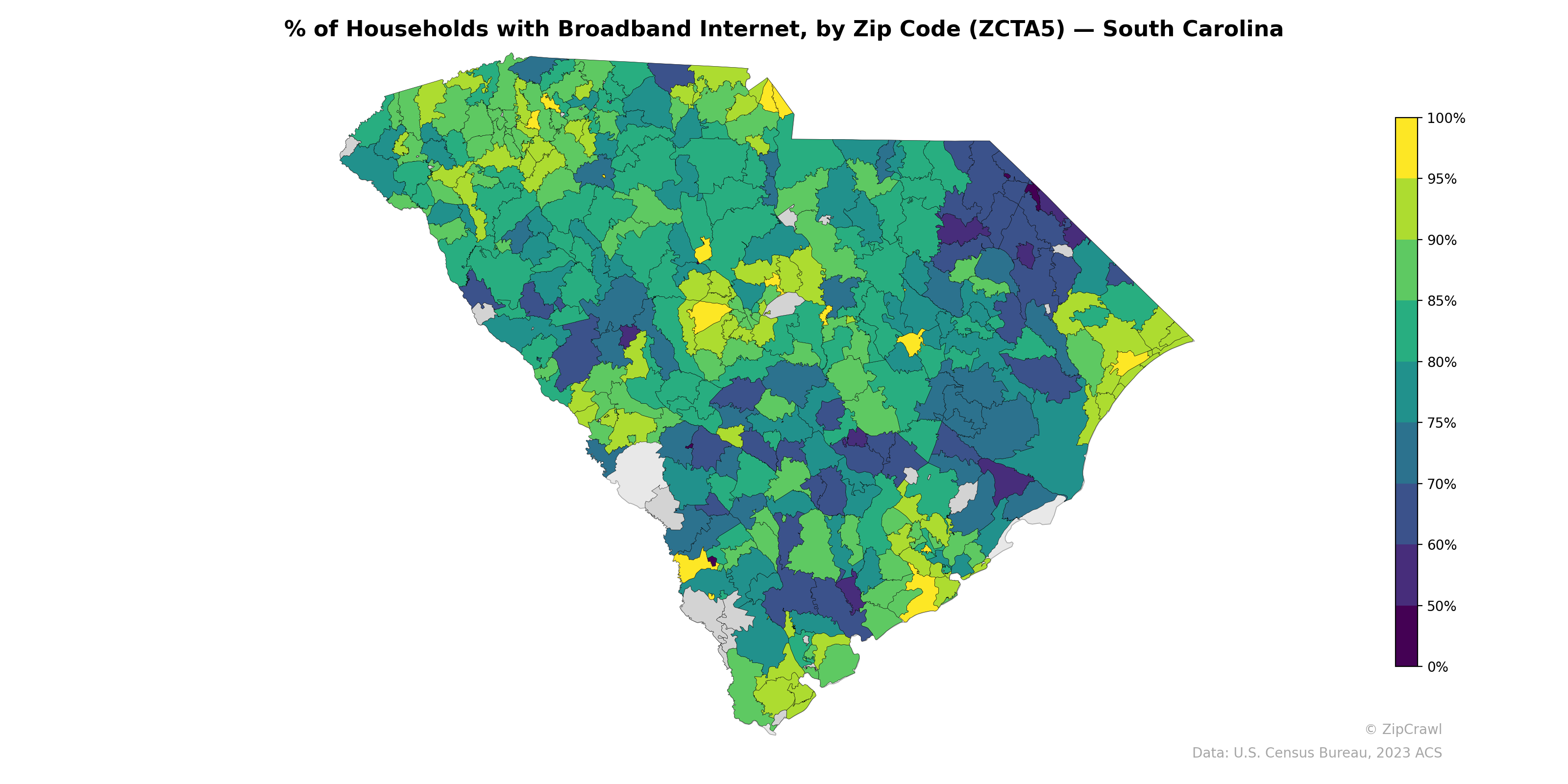 % of Households with Broadband Internet, by Zip Code (ZCTA5) — South Carolina