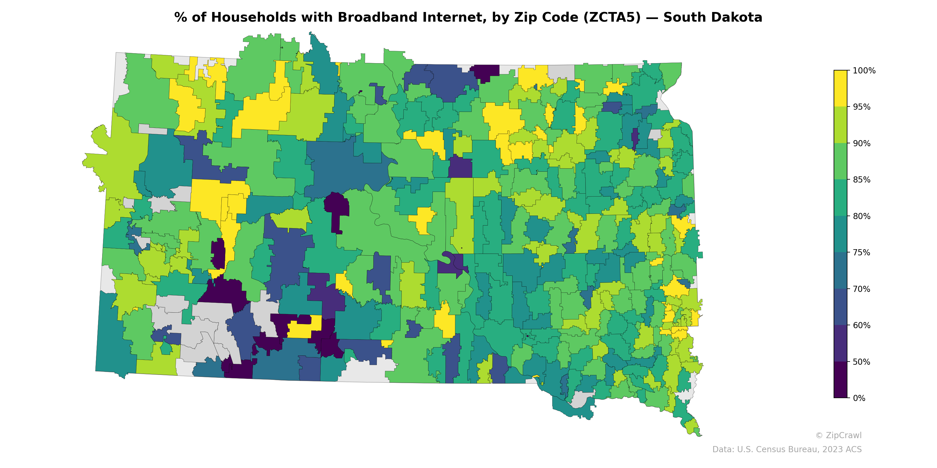 % of Households with Broadband Internet, by Zip Code (ZCTA5) — South Dakota