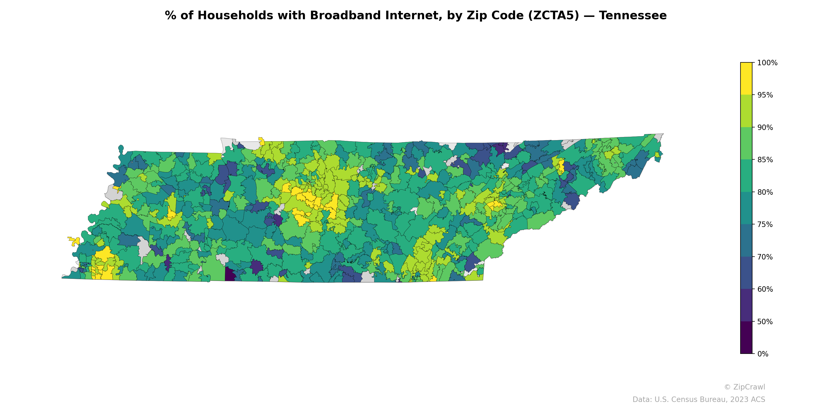 % of Households with Broadband Internet, by Zip Code (ZCTA5) — Tennessee