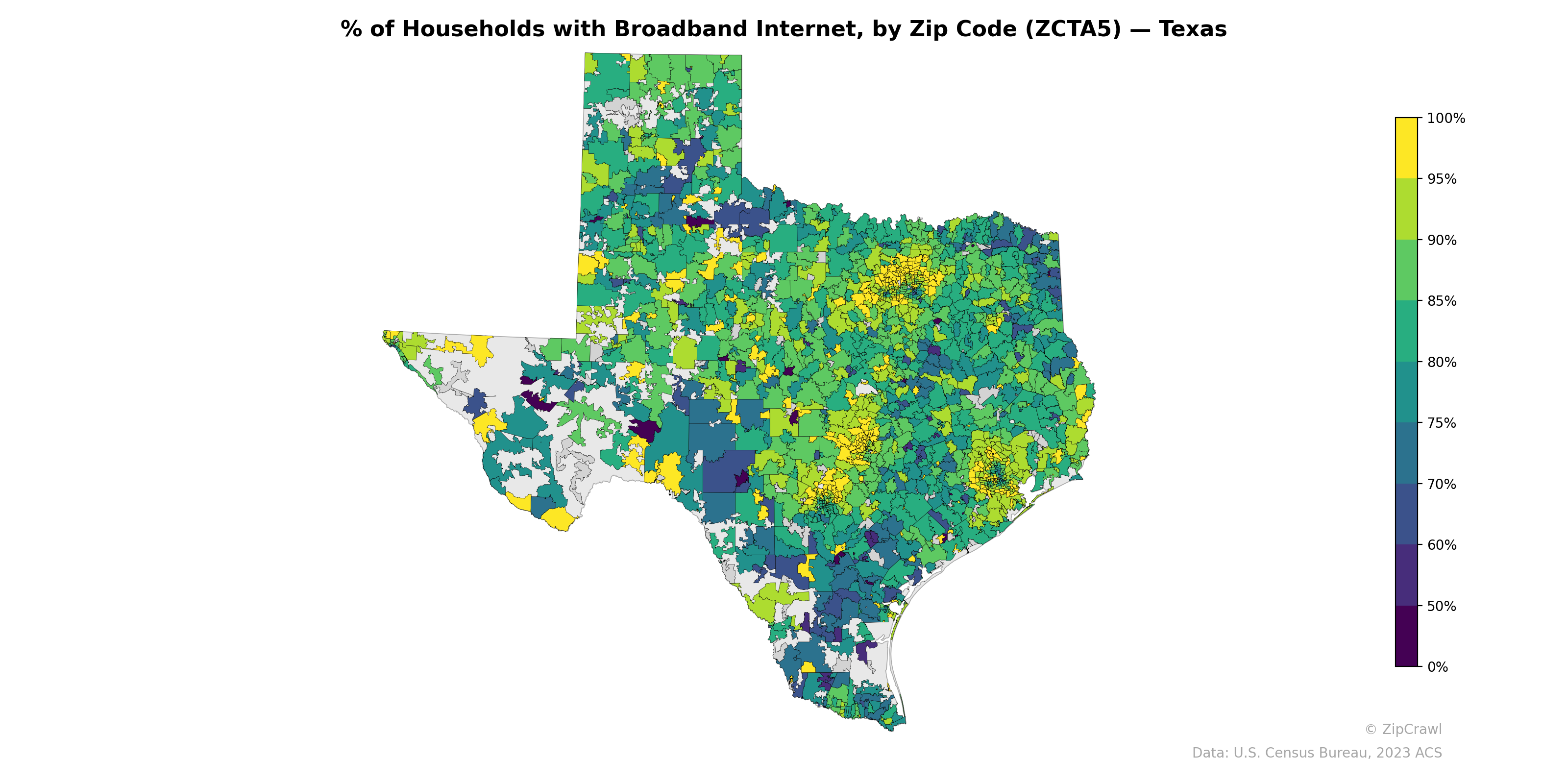 % of Households with Broadband Internet, by Zip Code (ZCTA5) — Texas