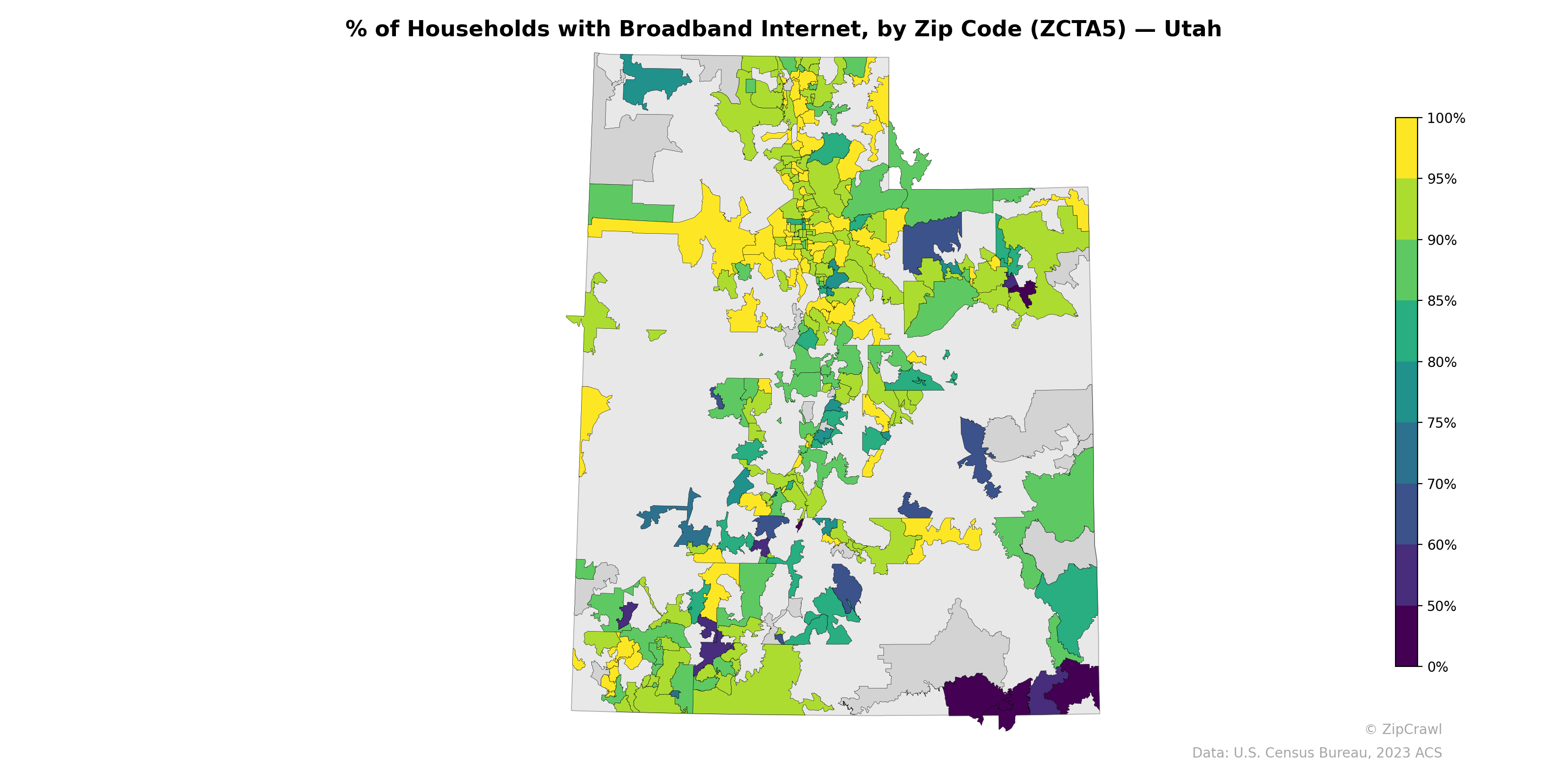 % of Households with Broadband Internet, by Zip Code (ZCTA5) — Utah