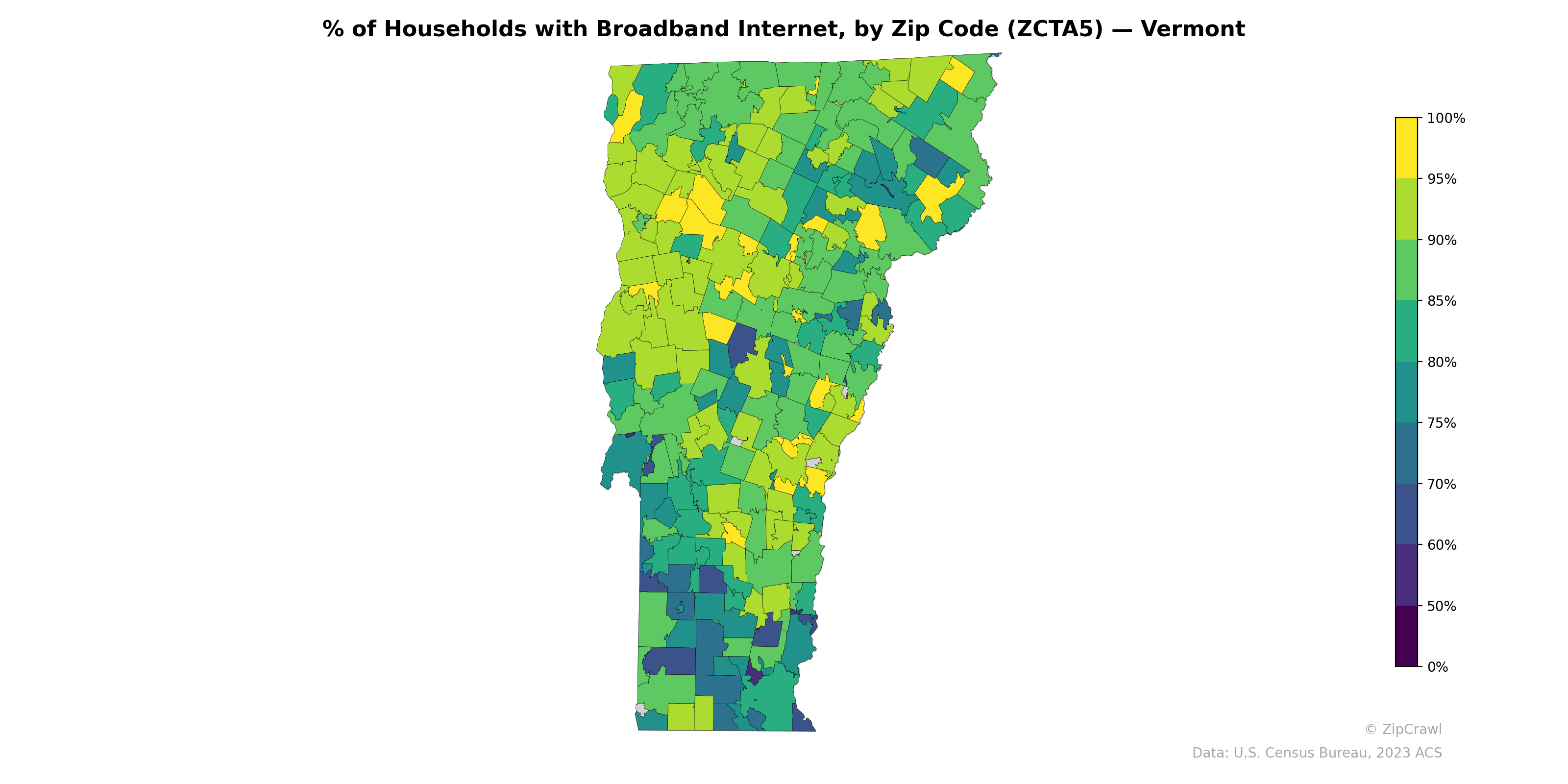 % of Households with Broadband Internet, by Zip Code (ZCTA5) — Vermont