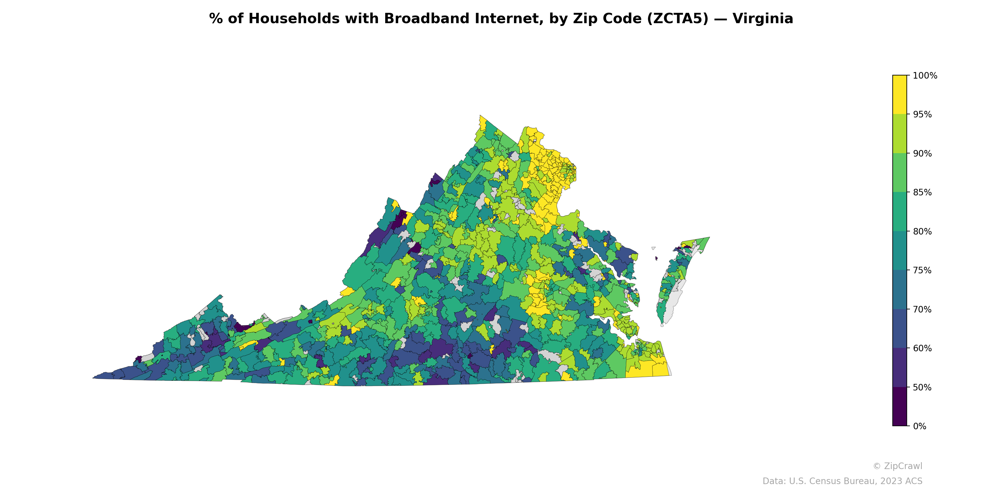 % of Households with Broadband Internet, by Zip Code (ZCTA5) — Virginia