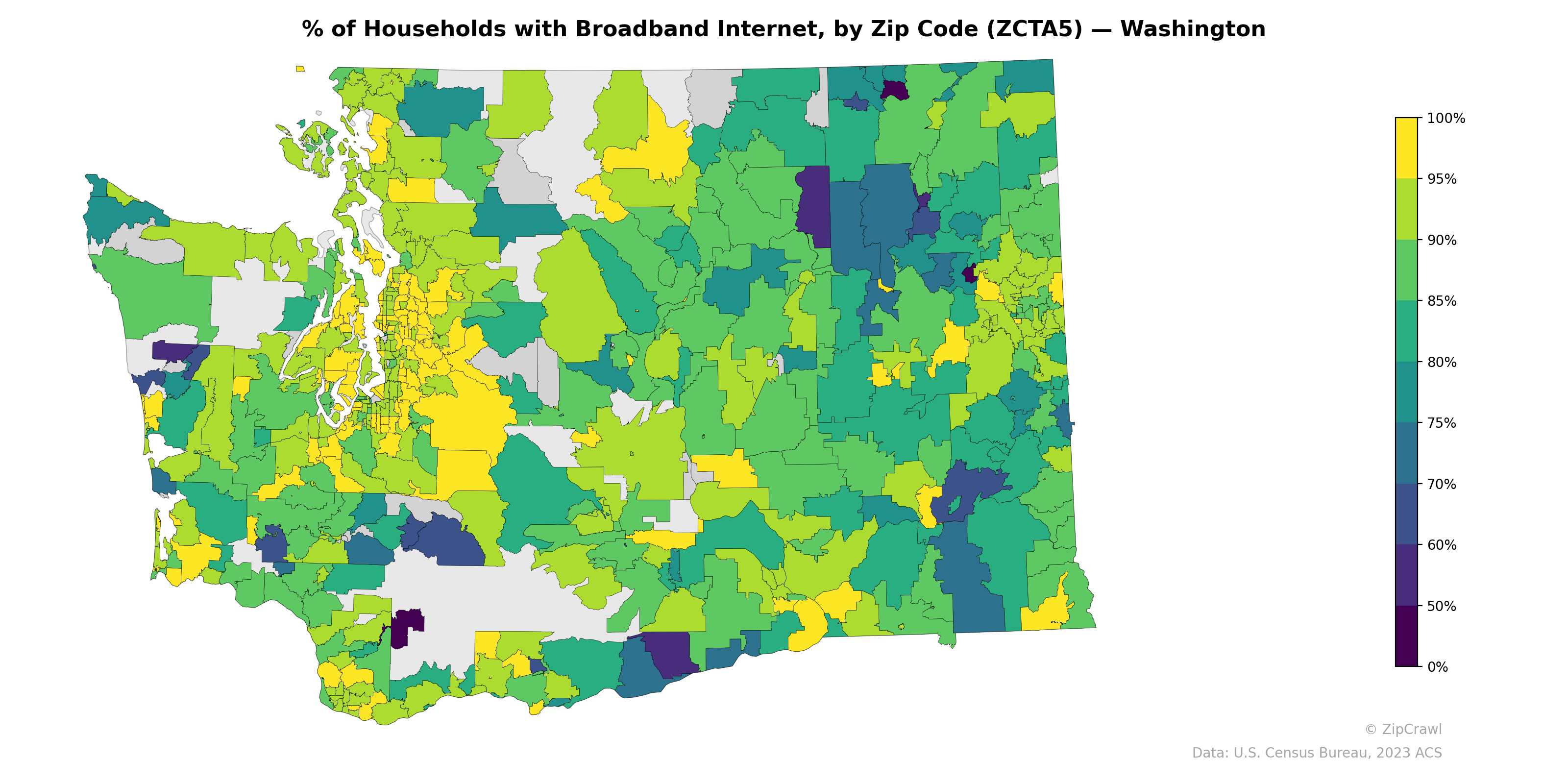% of Households with Broadband Internet, by Zip Code (ZCTA5) — Washington