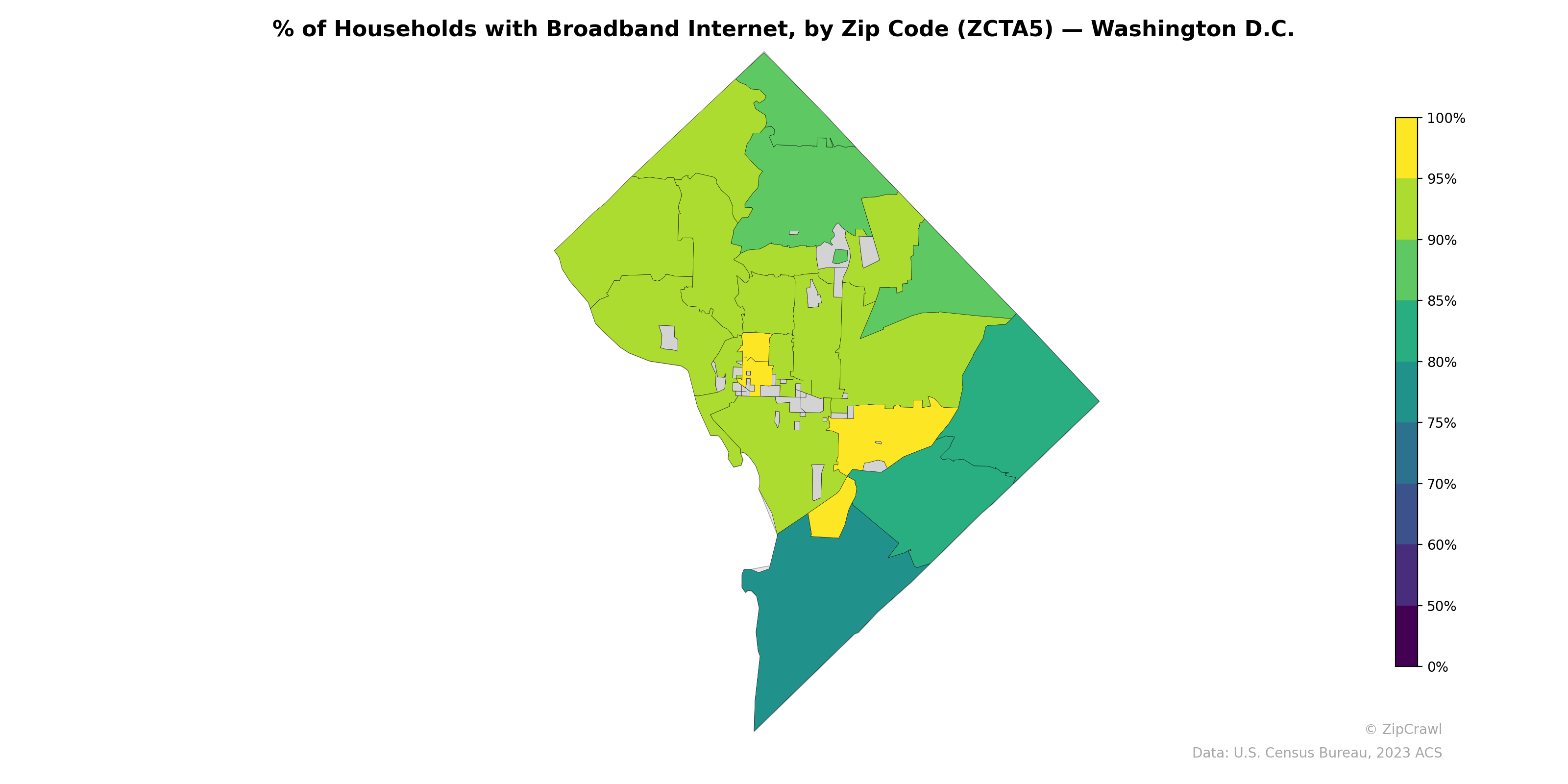 % of Households with Broadband Internet, by Zip Code (ZCTA5) — Washington D.C.