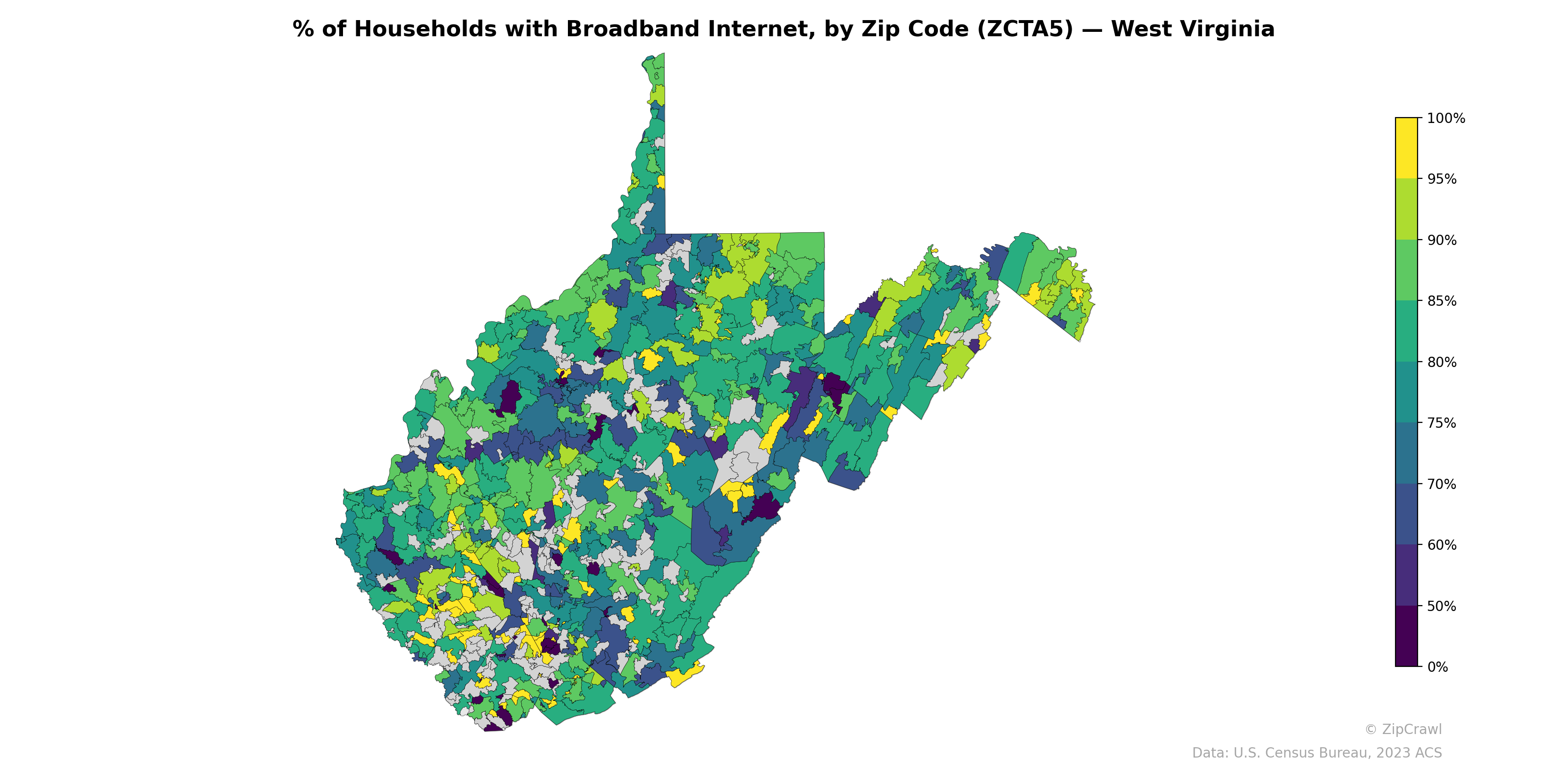 % of Households with Broadband Internet, by Zip Code (ZCTA5) — West Virginia