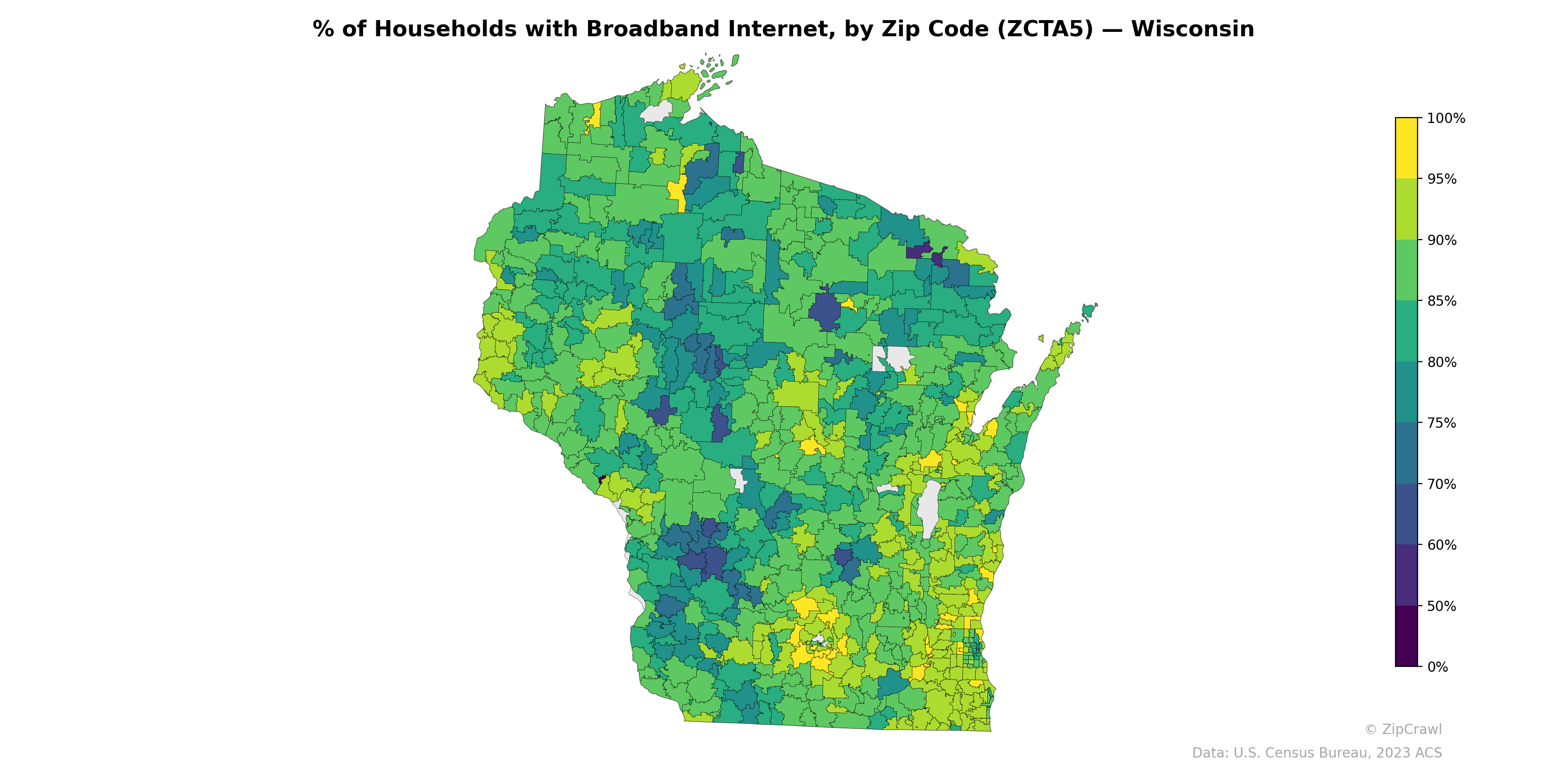 % of Households with Broadband Internet, by Zip Code (ZCTA5) — Wisconsin