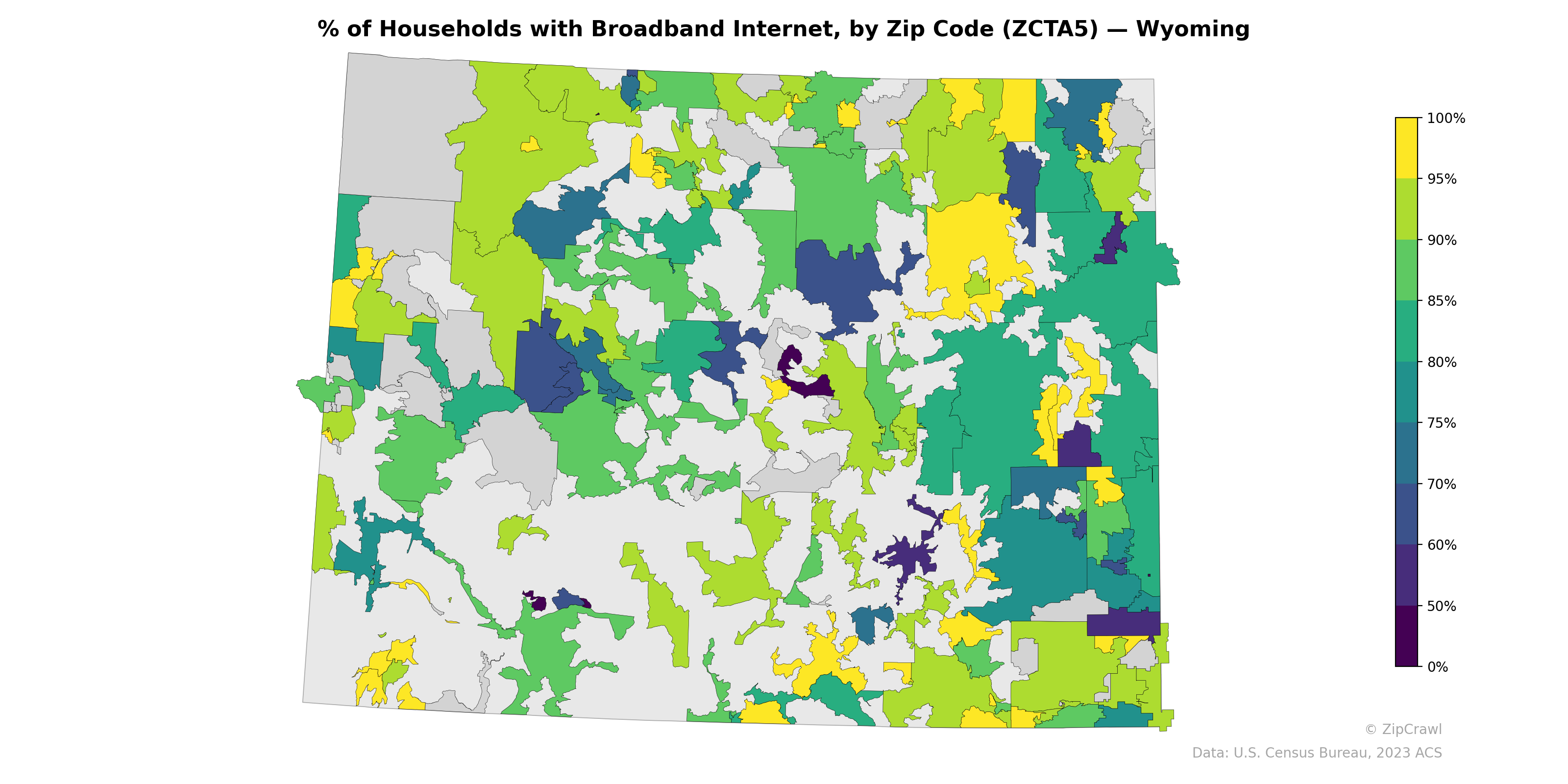 % of Households with Broadband Internet, by Zip Code (ZCTA5) — Wyoming