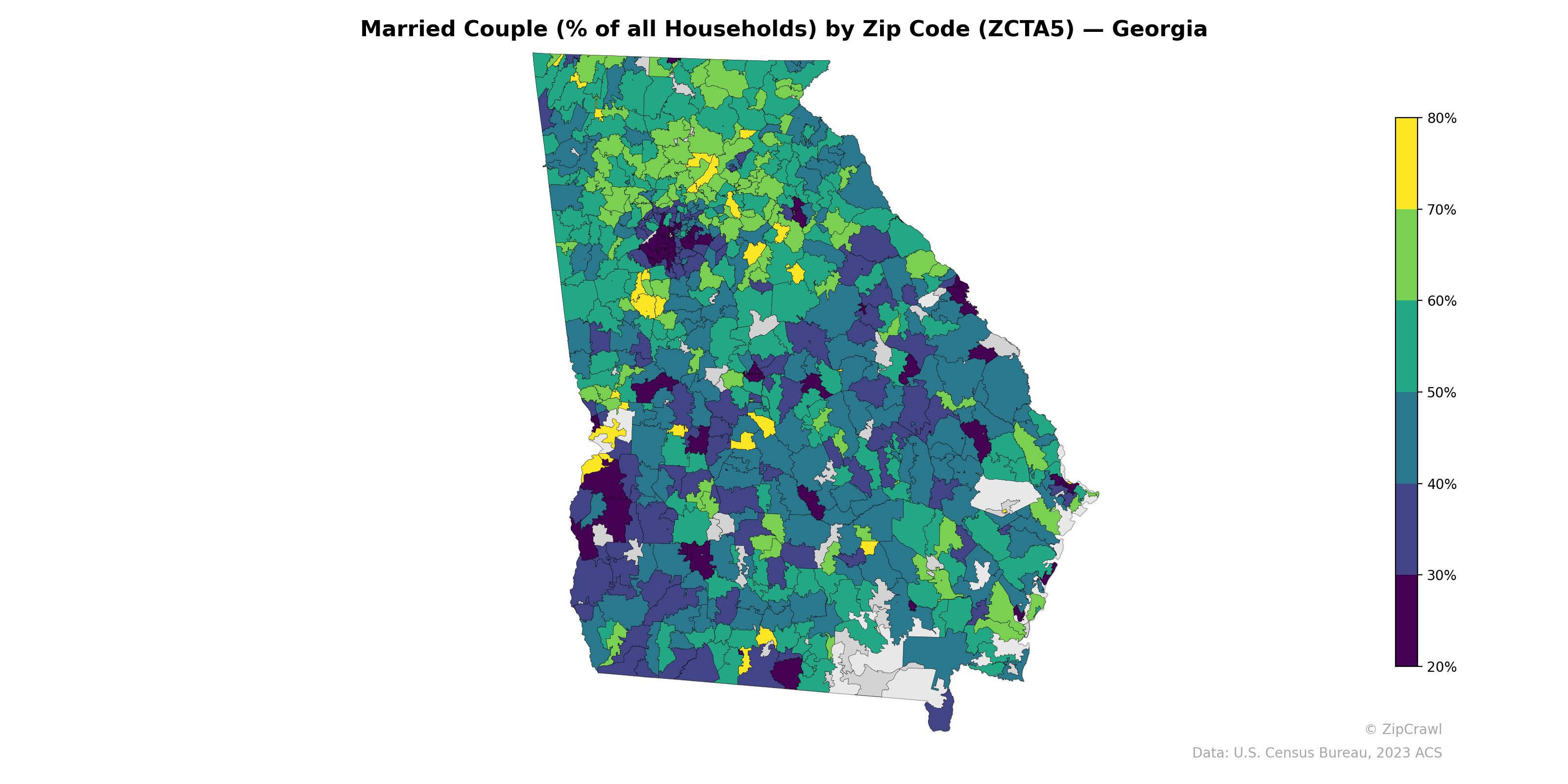 Married Couple (% of all Households) by Zip Code (ZCTA5) — Georgia