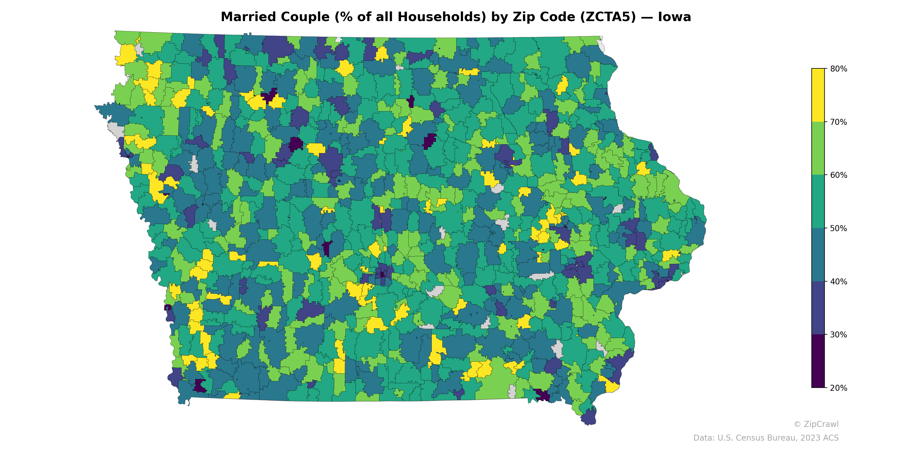 Married Couple (% of all Households) by Zip Code (ZCTA5) — Iowa