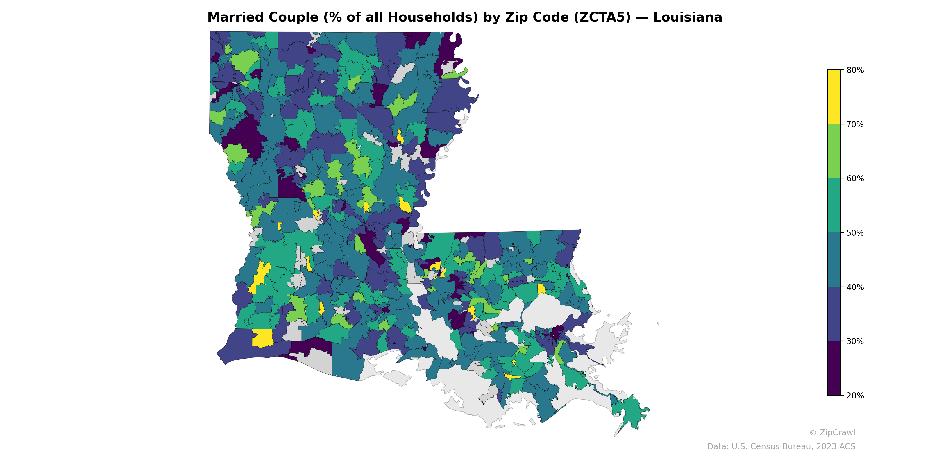 Married Couple (% of all Households) by Zip Code (ZCTA5) — Louisiana