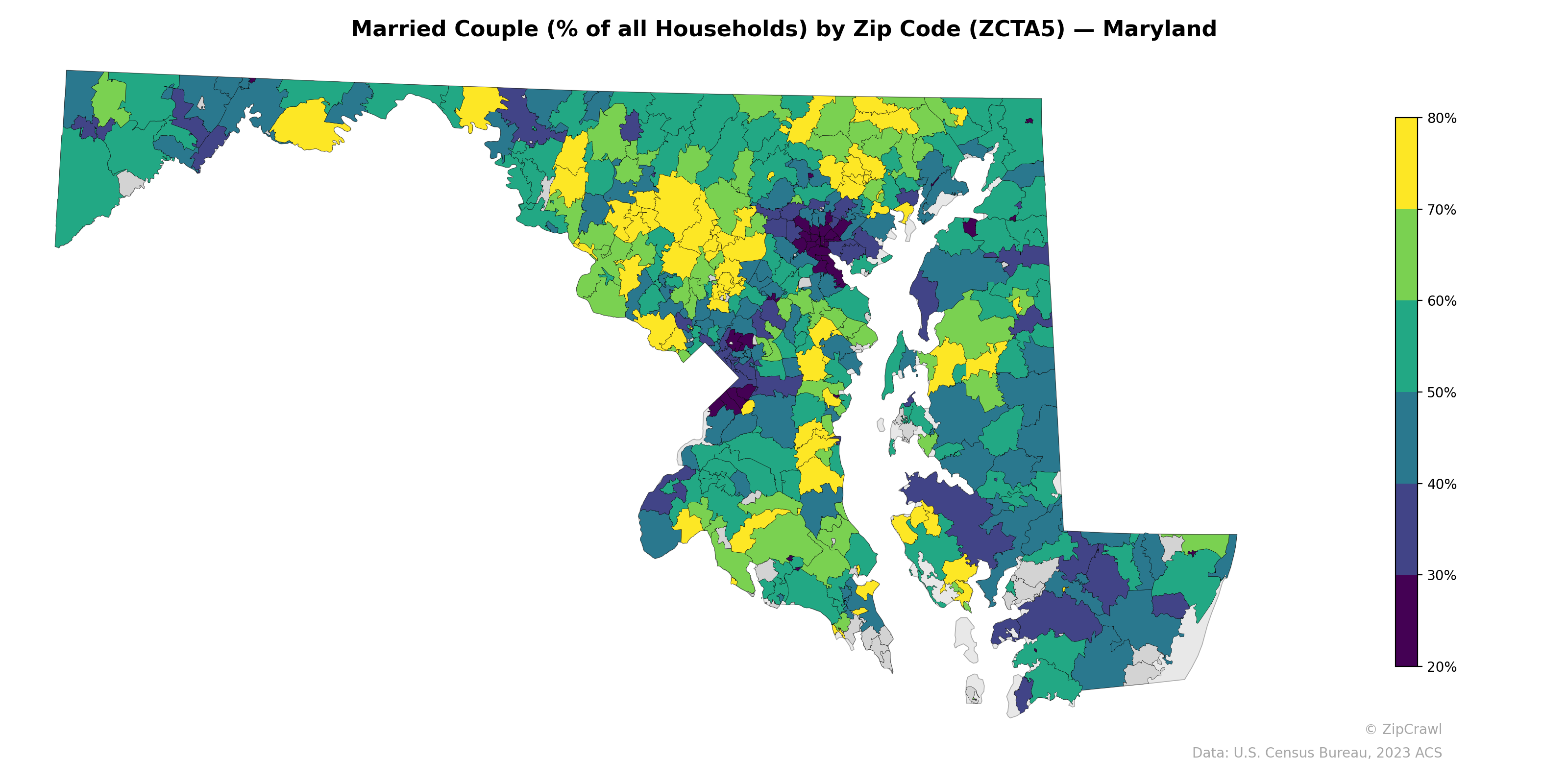 Married Couple (% of all Households) by Zip Code (ZCTA5) — Maryland