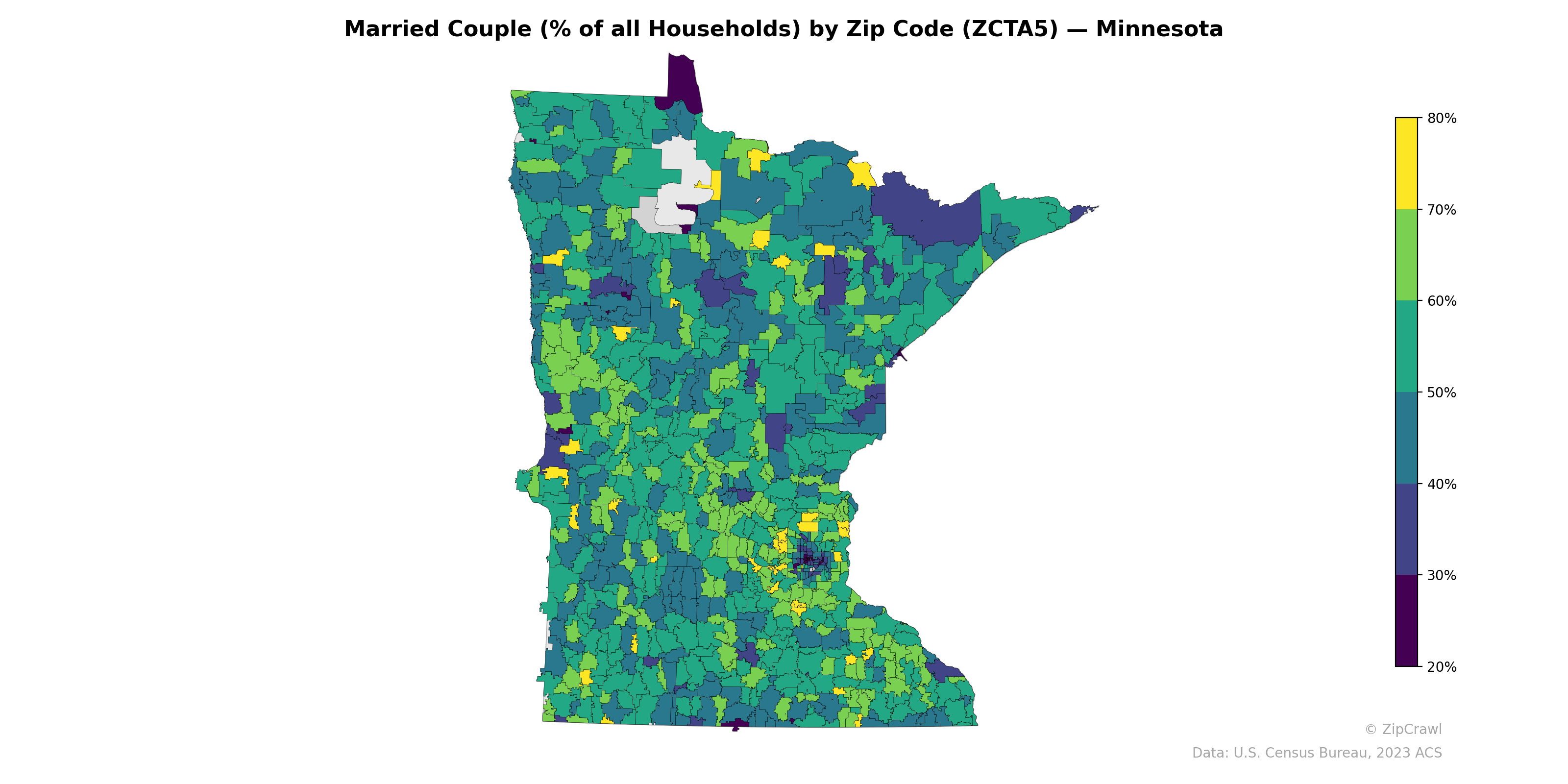 Married Couple (% of all Households) by Zip Code (ZCTA5) — Minnesota