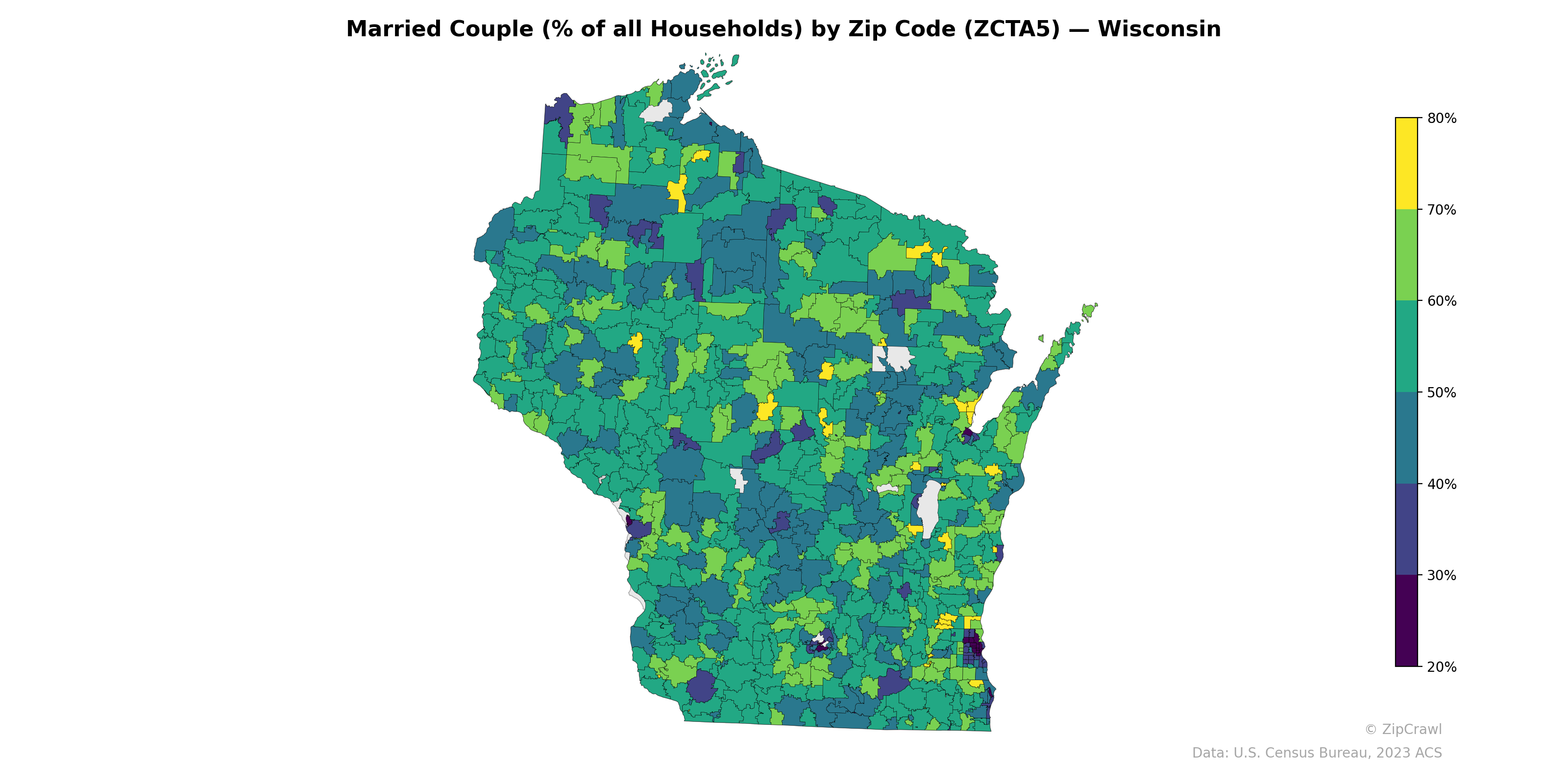 Married Couple (% of all Households) by Zip Code (ZCTA5) — Wisconsin