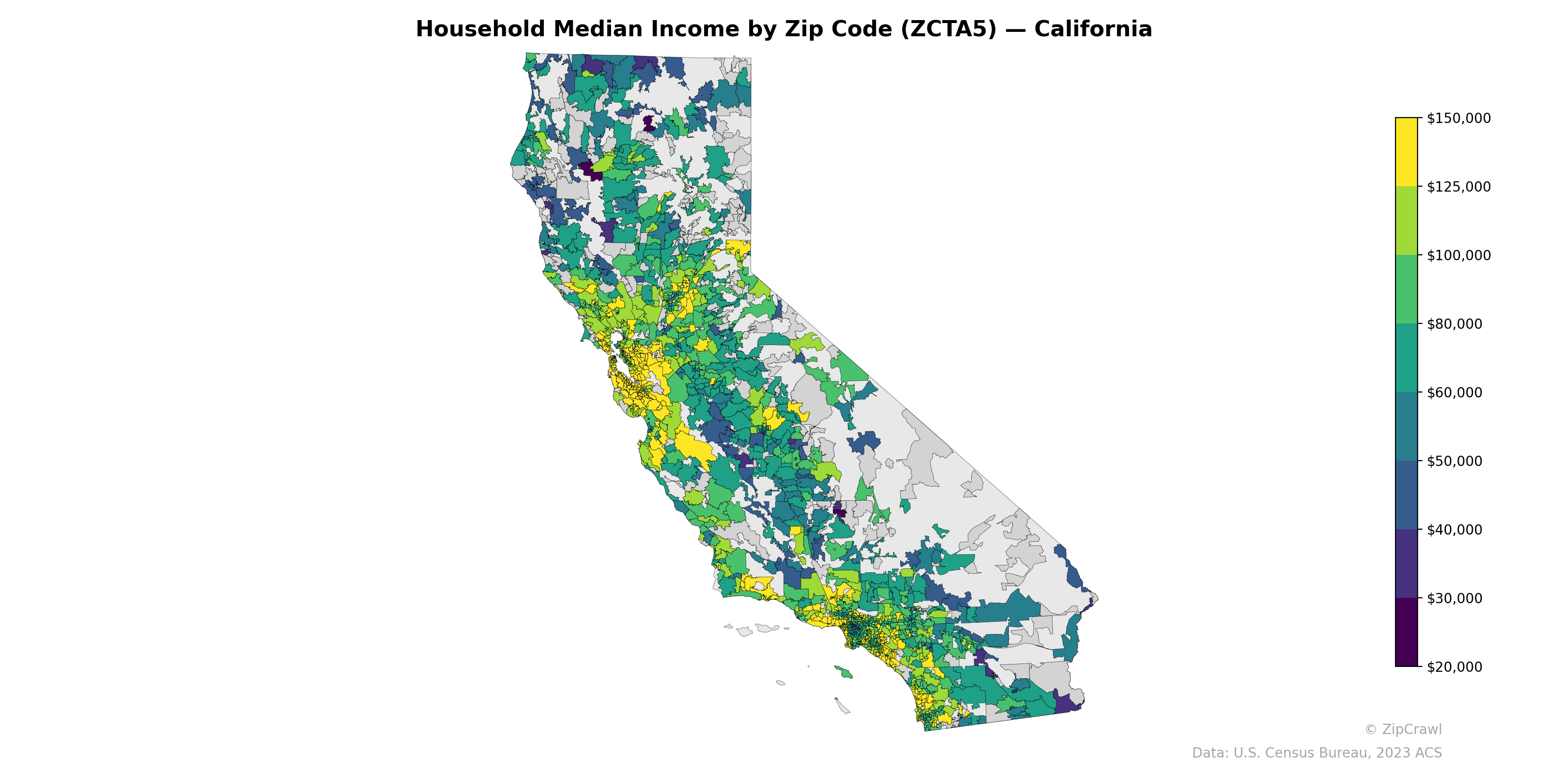 Household Median Income by Zip Code (ZCTA5) — California