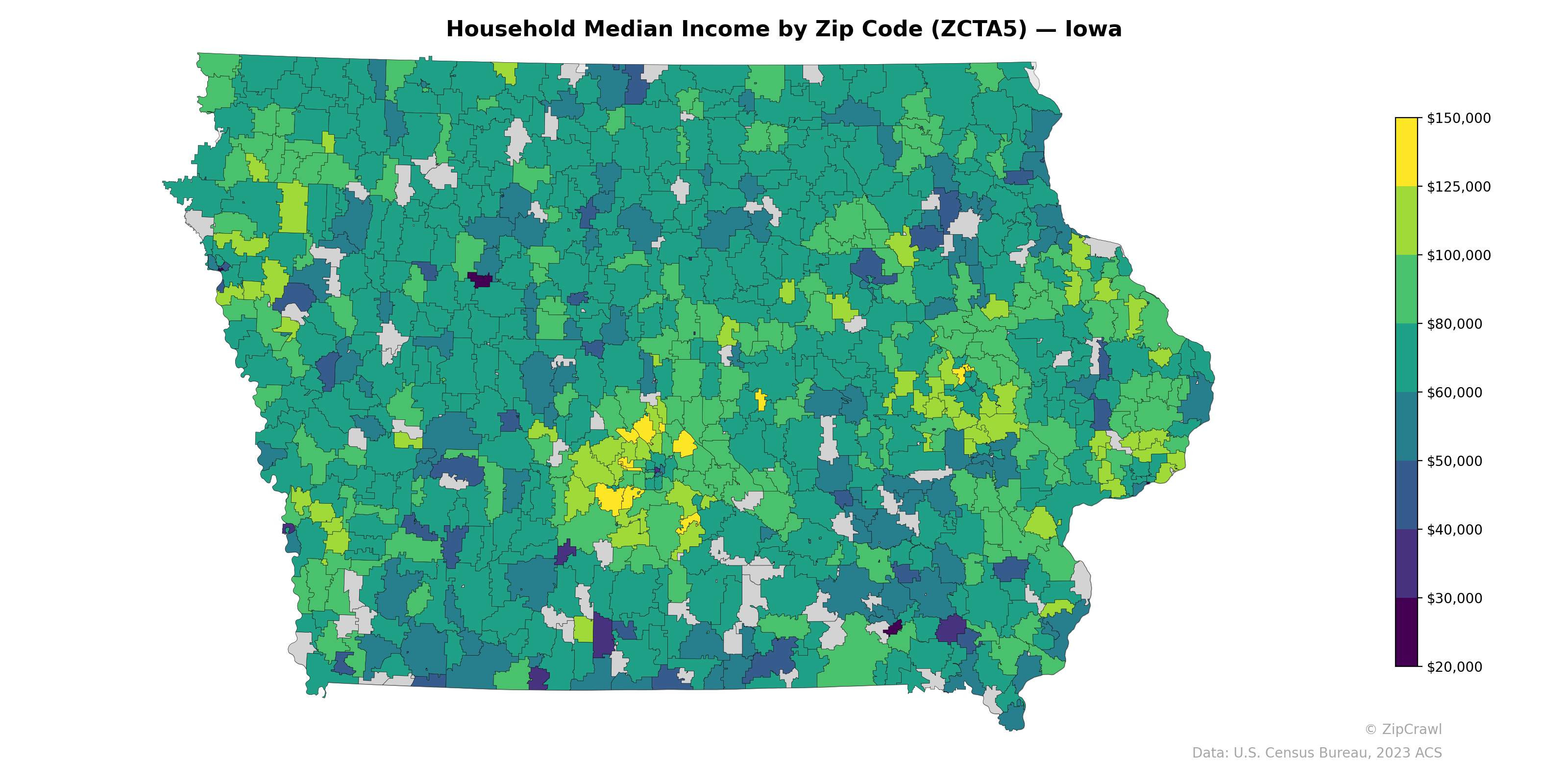 Household Median Income by Zip Code (ZCTA5) — Iowa