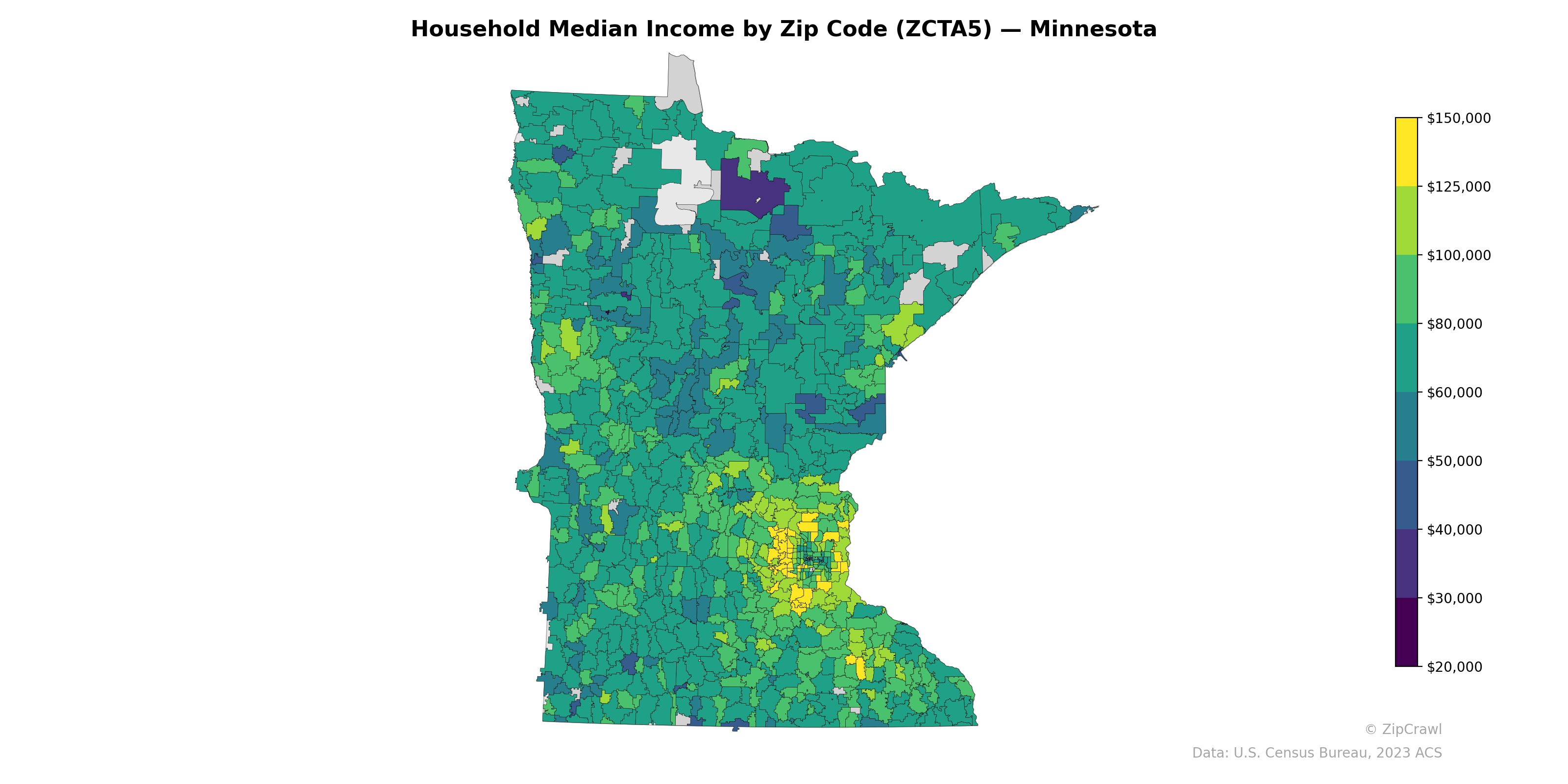 Household Median Income by Zip Code (ZCTA5) — Minnesota
