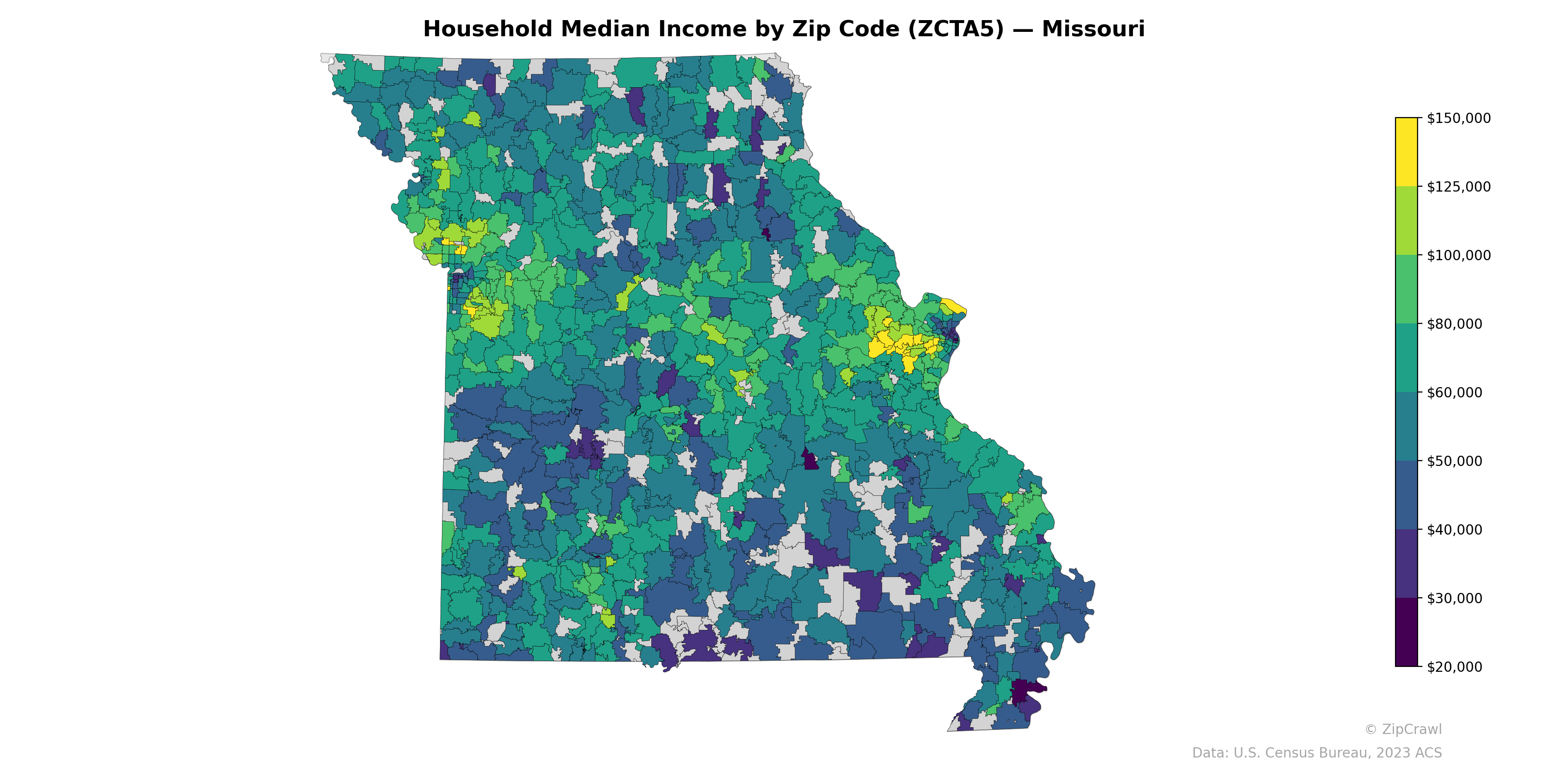 Household Median Income by Zip Code (ZCTA5) — Missouri