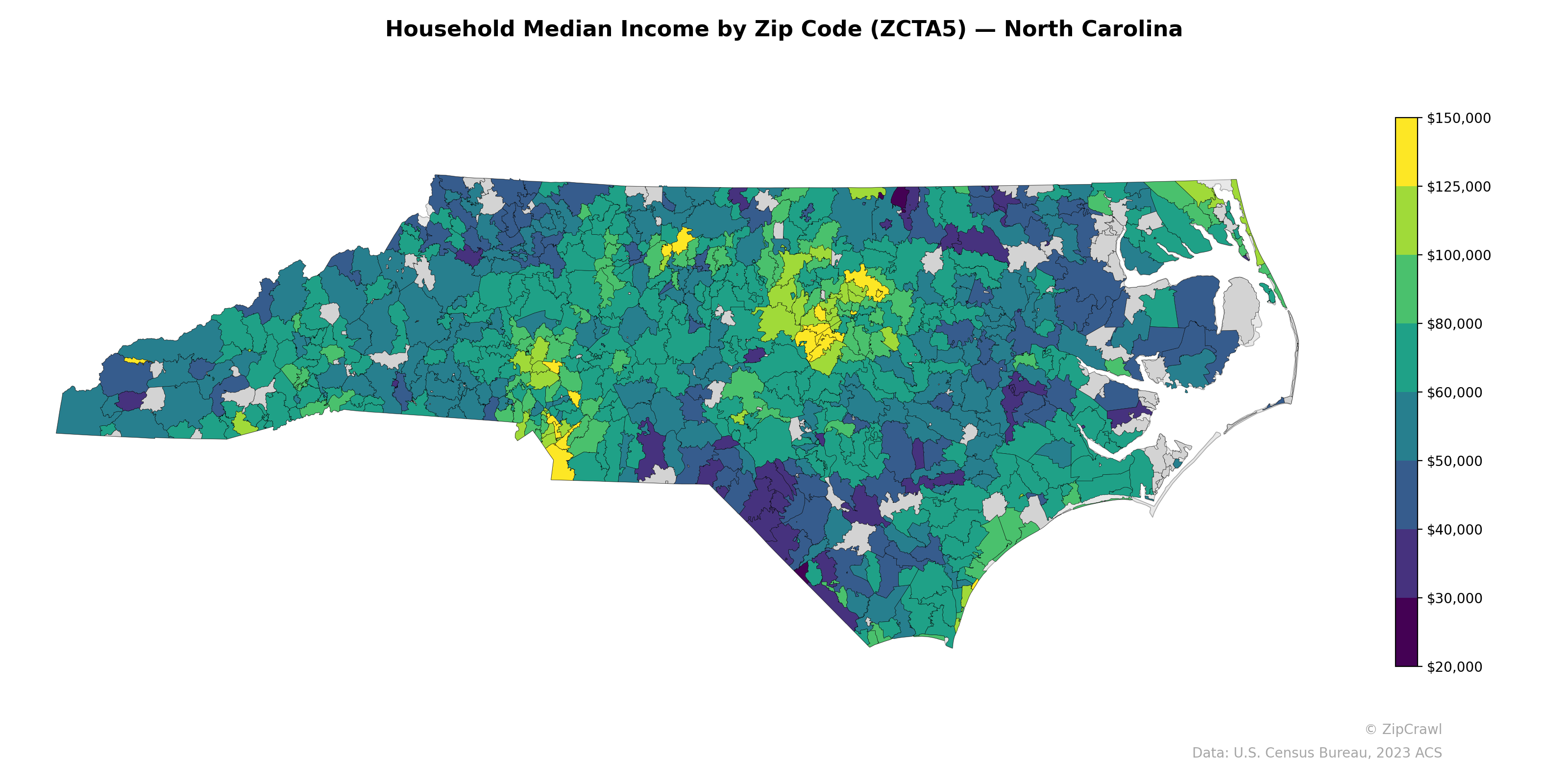 Household Median Income by Zip Code (ZCTA5) — North Carolina
