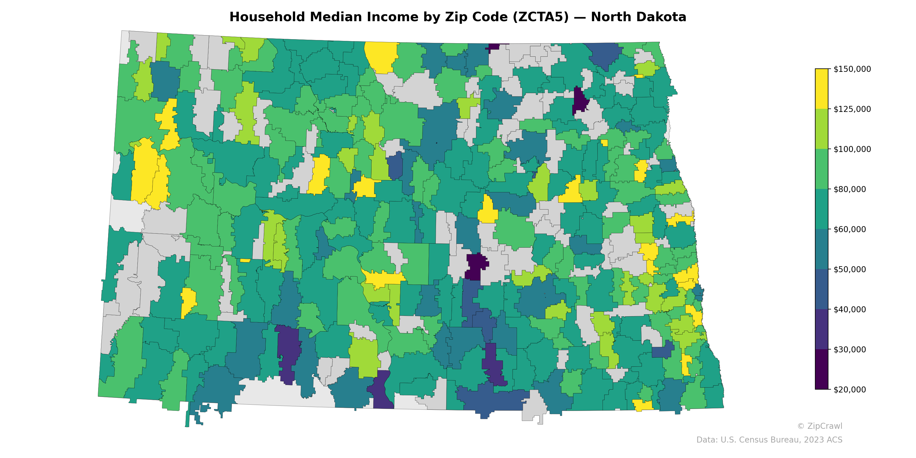 Household Median Income by Zip Code (ZCTA5) — North Dakota